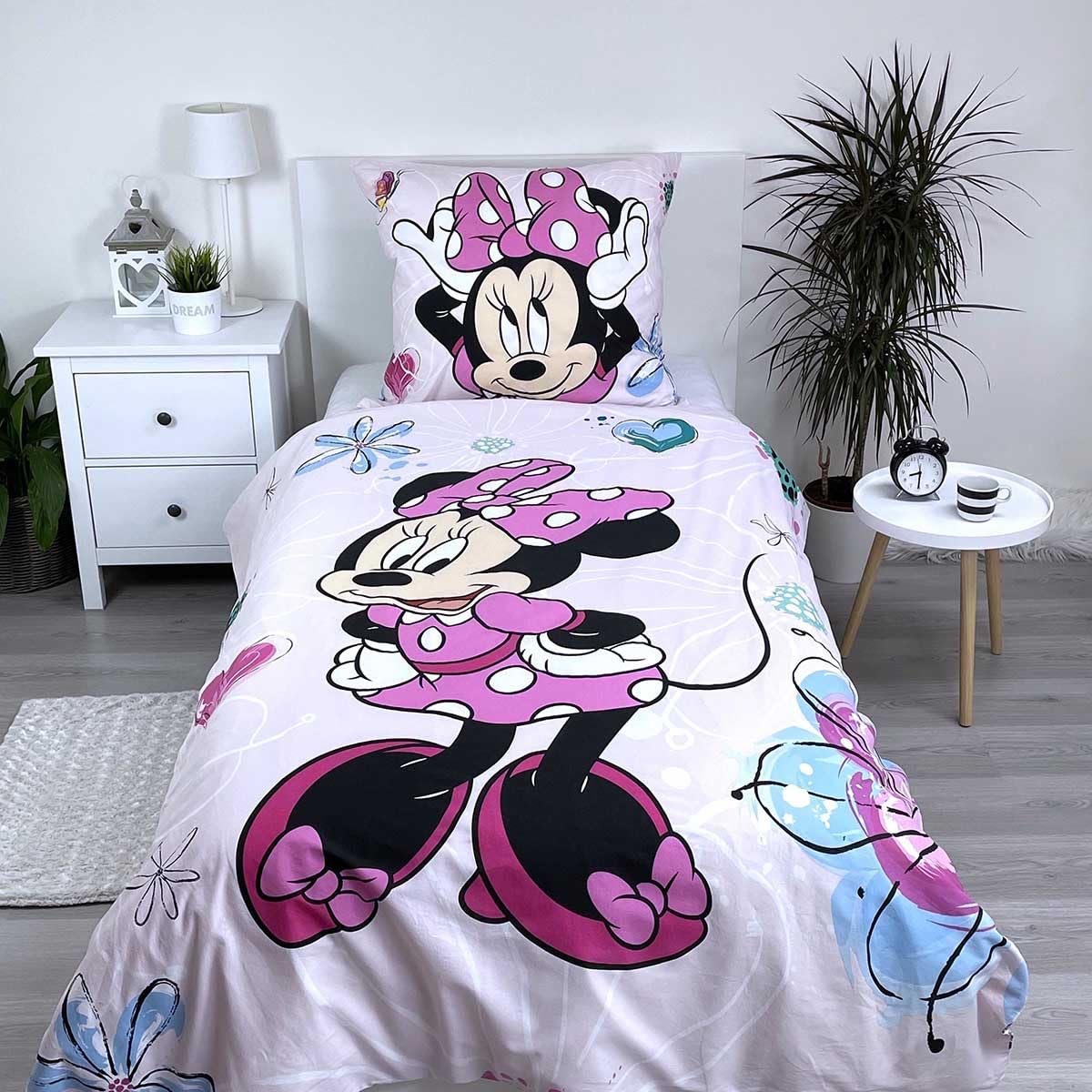 Disney - Juego de cama infantil de Minnie Mouse con corazones y flores rosas, funda nórdica de 160 x 200 cm + almohada de 70 x 80 cm, 100% algodón