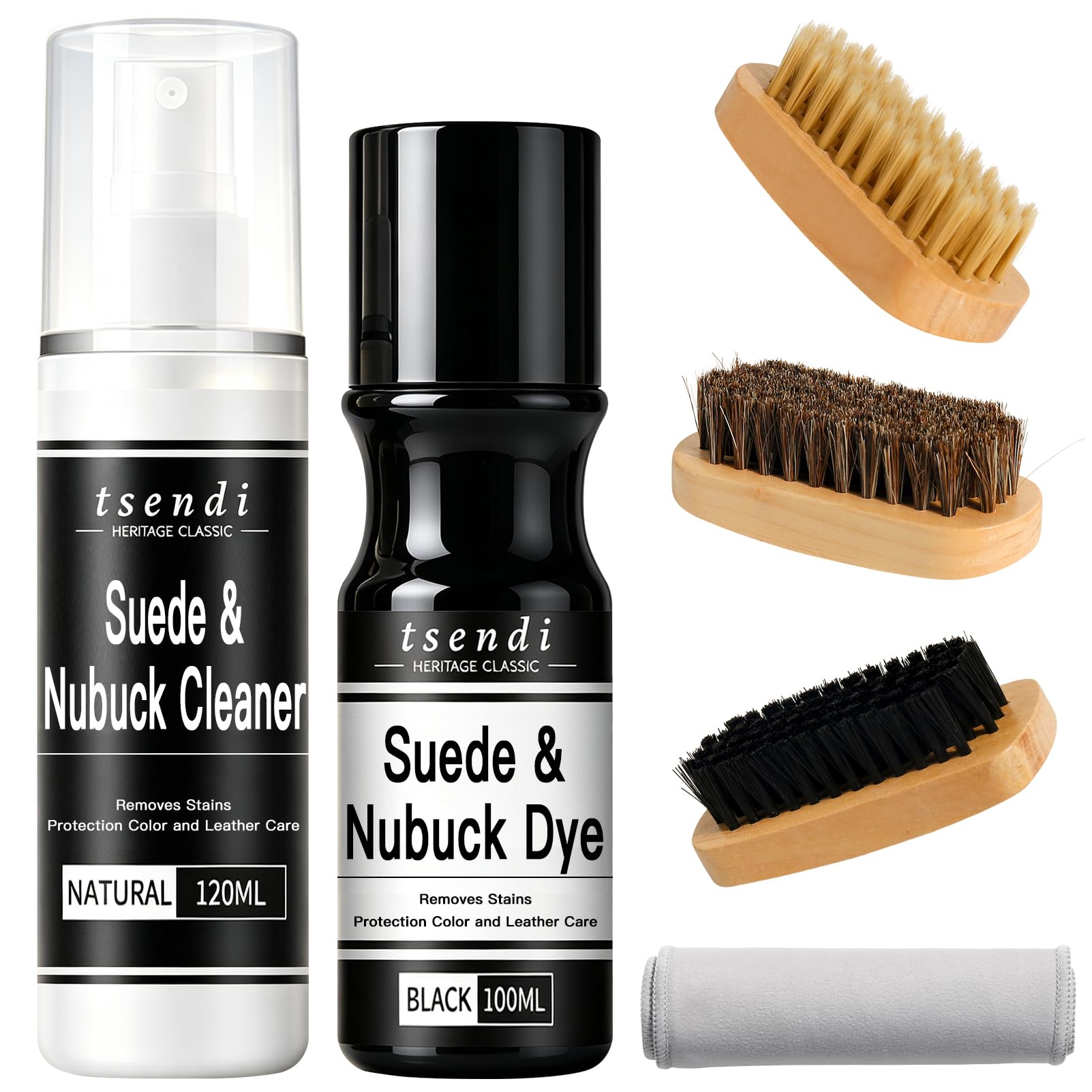 Nubuck &amp; Suede Dye Black – 2-in-1 Cleaner &amp; Color Restorer with 3 Brushes &amp; Applicator – Renew Faded Shoes, Boots, Jackets, Purses, Car Seats, Furniture – Complete Suede Care Kit 3.4oz