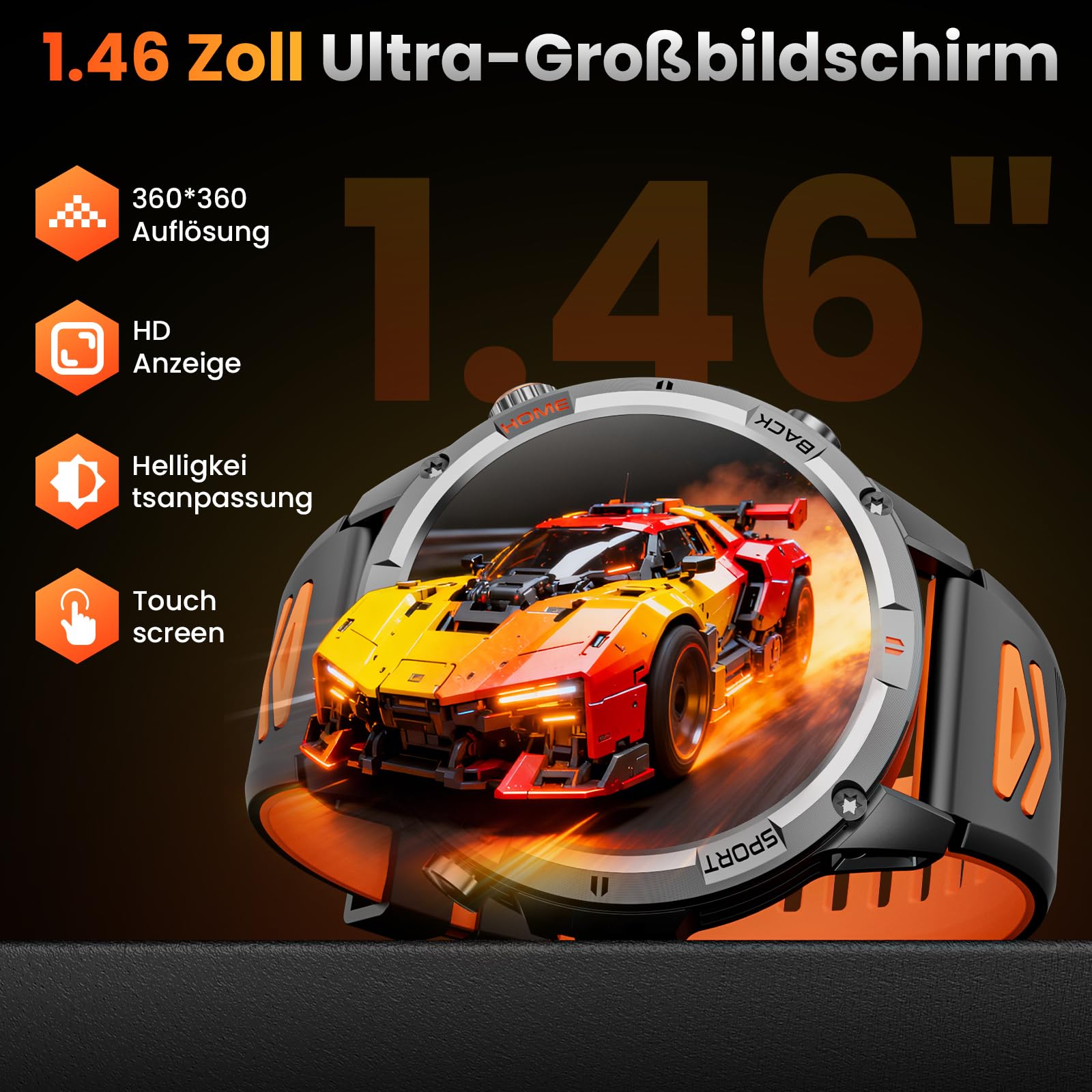 Smartwatch Herren GPS, 1,46" HD Men's Militär Smart Watch, LED Taschenlampe, Kompass, 100+ Sportmodi Fitnessuhr, IP68 Wasserdicht Rund Sportuhr, Fitness Tracker Watch für iOS Android (Schwarz)