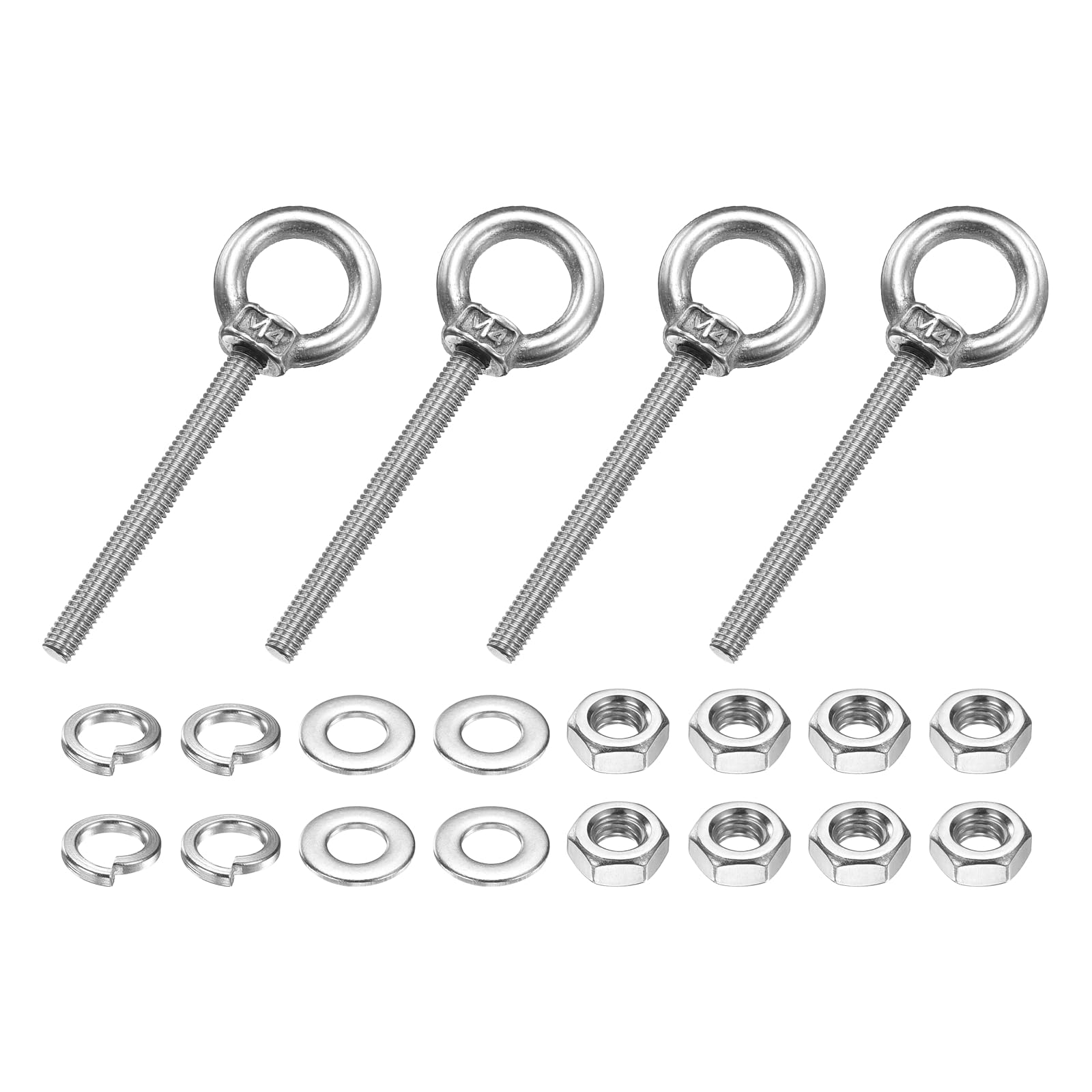 PATIKIL M4 x 40mm Eye Bolt, 4 Pcs 304 Stainless Steel Thread Lifting Ring Set Shoulder Eyebolt with Lock Nuts Flat Washers for Hanging Hammocks Articles, Silver