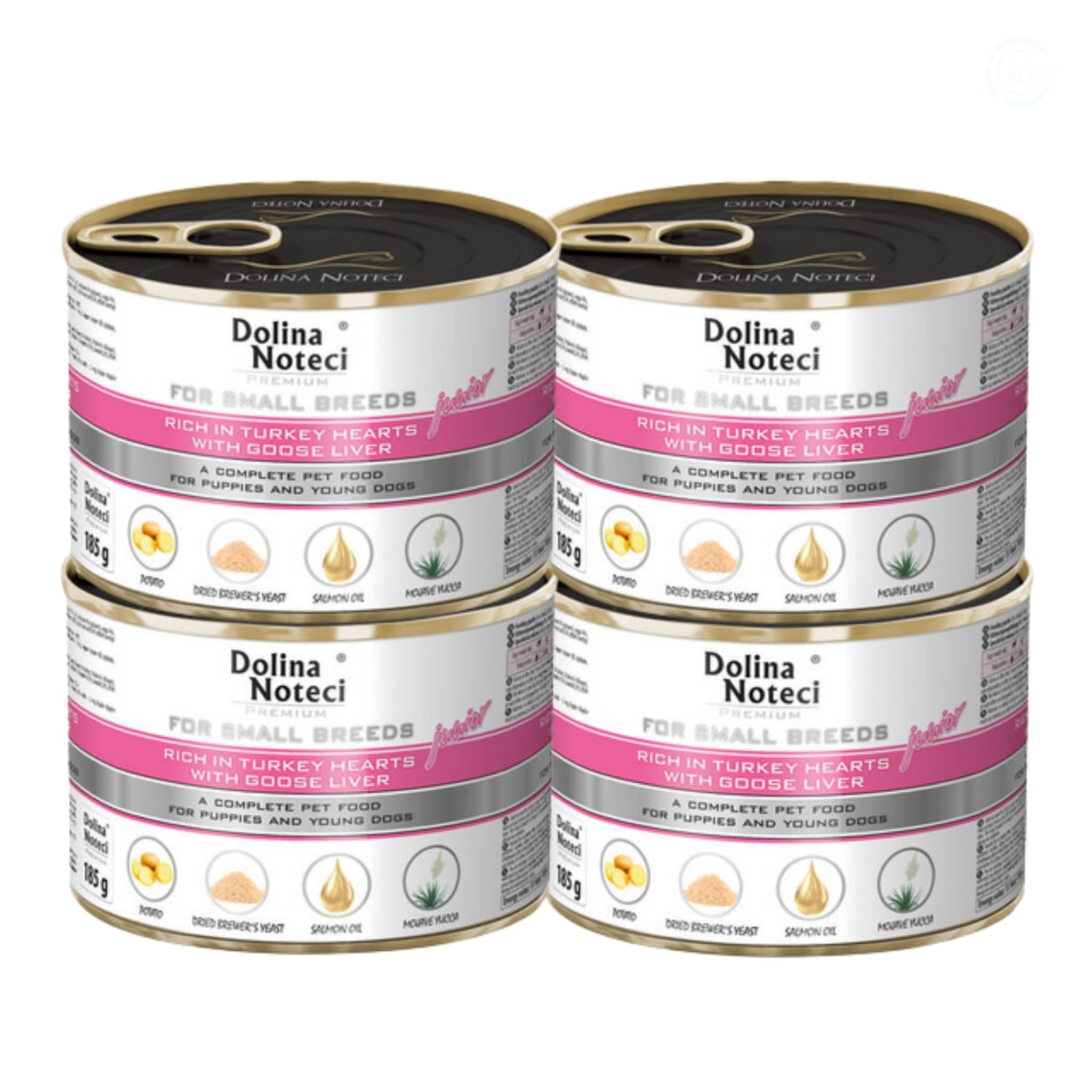 Dolina Noteci Premium Puppy Food for Small Breeds - Turkey Hearts & Goose Liver - Complete Wet Dog Food - Grain-Free Natural Recipe - 4x 185g Cans - Rich in Taurine