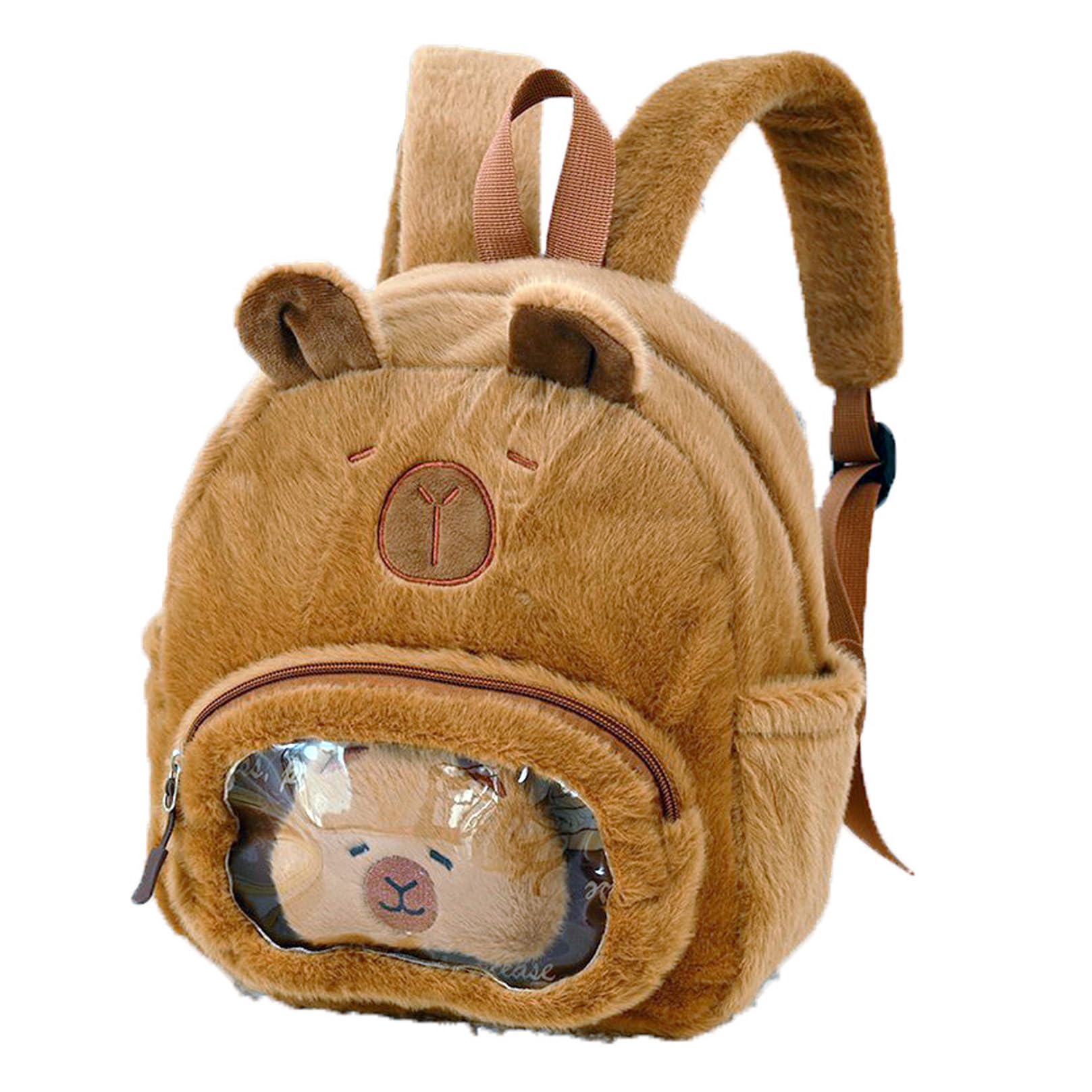 e-super Capybara Furry Backpack for Kids Bookbag Animals Plush Shoulder Travel Bag with a Doll in Transparent Window