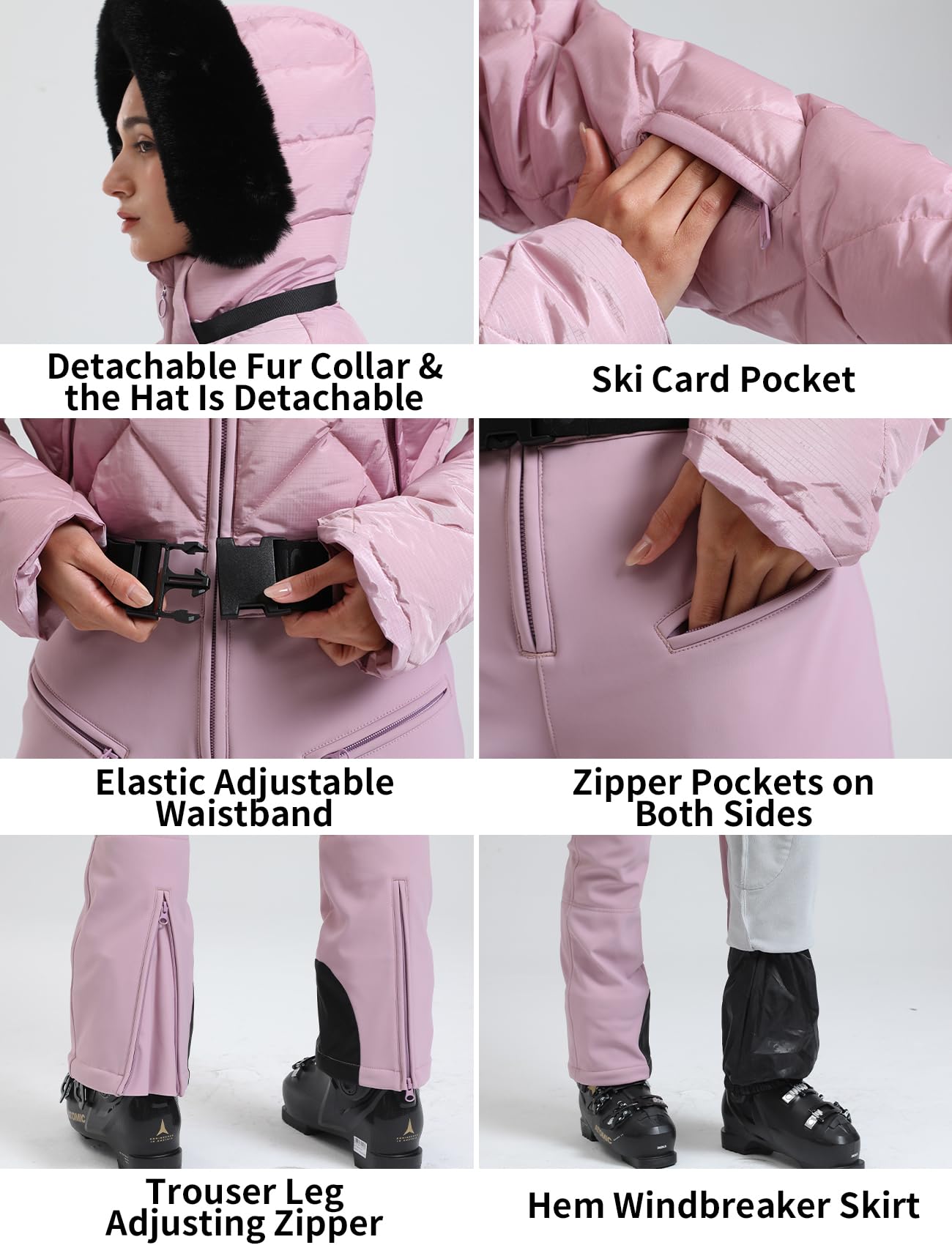 GSOU SNOW Womens Ski Suits Down One Piece Snowsuit Waterproof Snowboard Jumpsuits Winter Ski Outfit: X-Large Pink