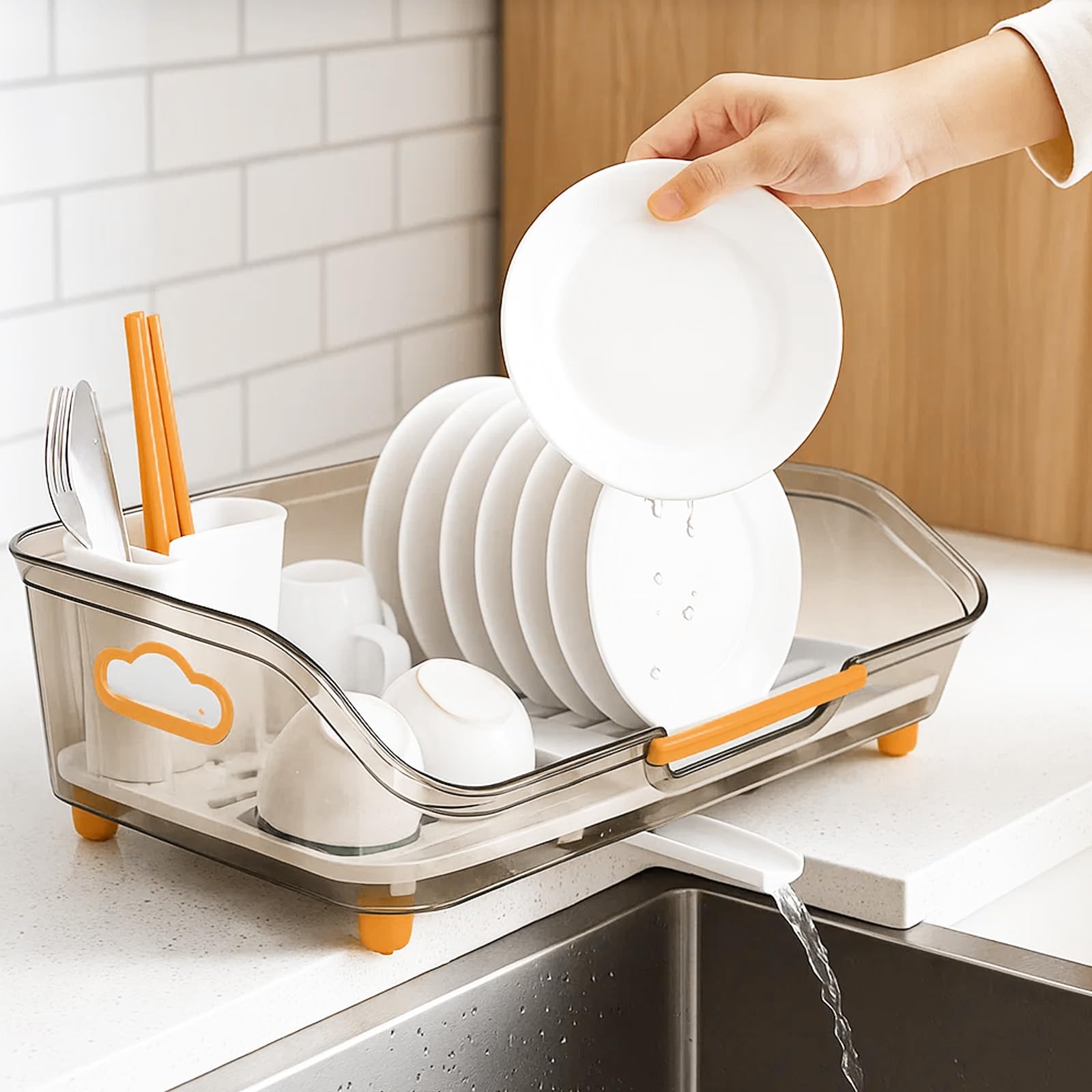Sunnynest Grey Dish Drainer Rack With Drip Tray 44X28x13cm Space-Saving Dish Drainer With Utensil Holder Cutlery Tray Silverware Cup Dryer Storage Organizer Countertop Space Saver For Kitchen Sink (Gray)