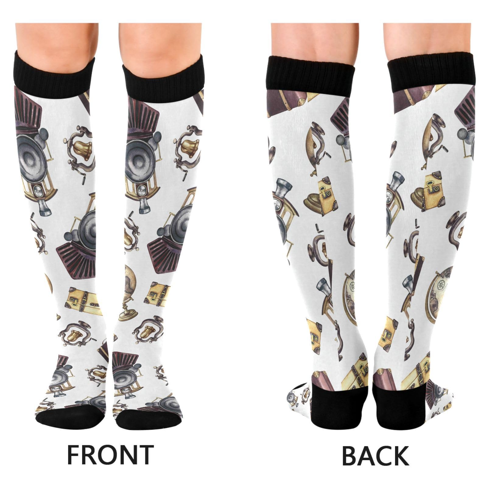Dussdil Vintage Globes Train Railway Compression Socks for Women Men Christmas Circulation Long Knee Socks for Winter Warm Stockings Socks