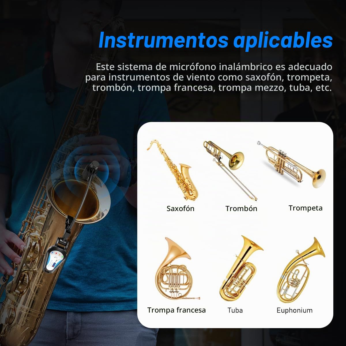 KIMAFUN Micrófono Inalámbrico para Saxofón 2.4G, Sistema de Micrófono Inalámbrico Clip-on para Instrumentos para Saxofón, Corno Francés, Trompeta, Trombón, G120