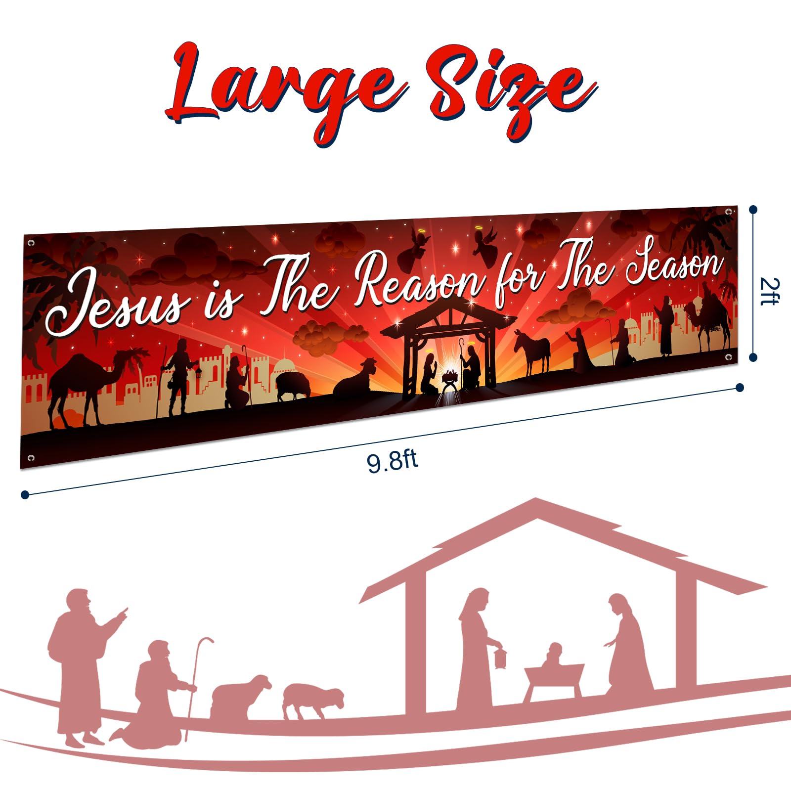 Lecheme Large Christmas Banner - "Jesus Is The Reason For The Season" 8.2x1.6 Ft, Outdoor Nativity Fence Decoration