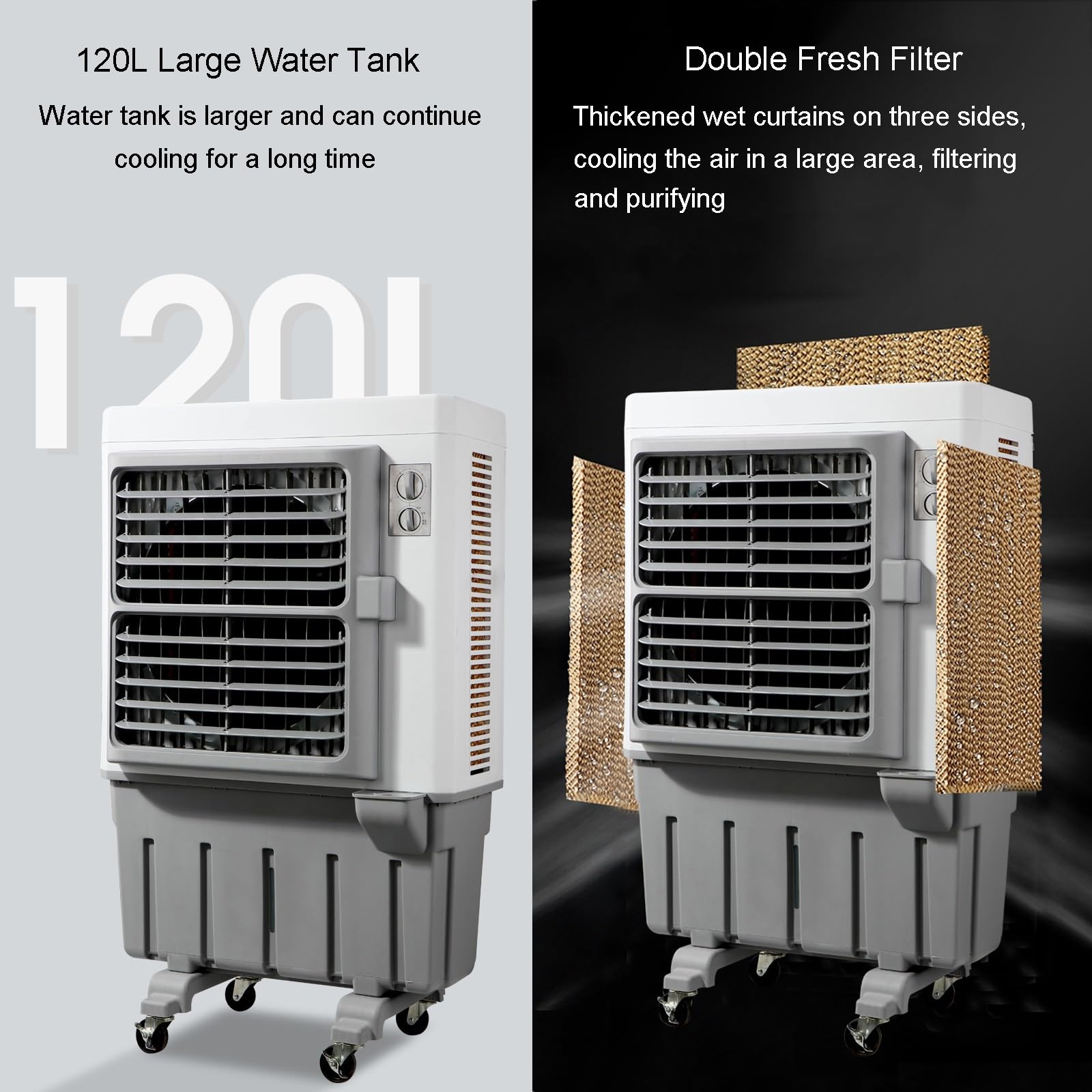 Genérico Ventilador Enfriador de Aire evaporativo portátil con depósito de Agua de 120 L, 3 velocidades, Ruedas universales para Uso en Interiores y Exteriores o en Garaje.