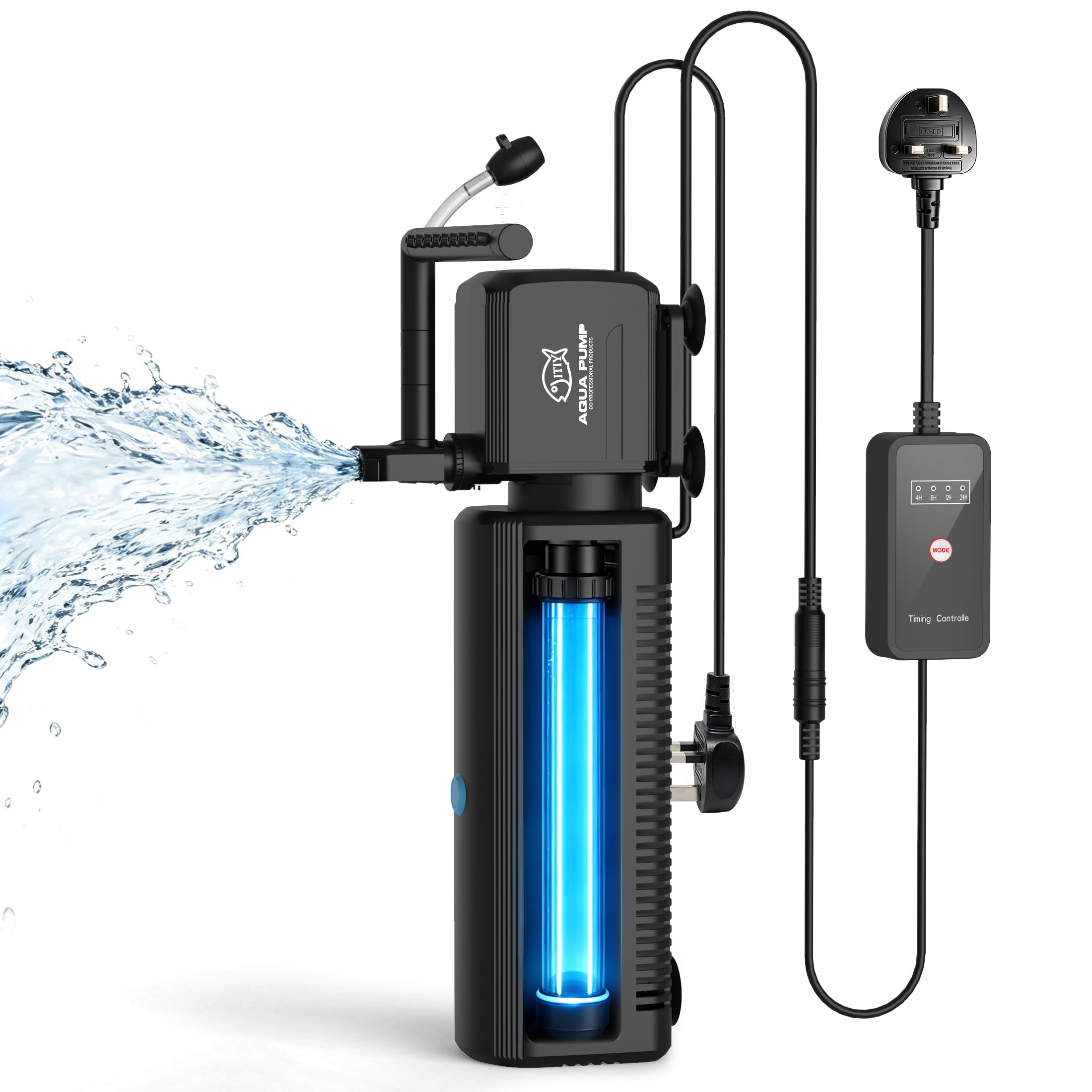Filtro de acuario 4 en 1, filtro de luz U-V con temporizador, bomba interna de acuario con modo de bombeo de agua de lluvia de oxigenación para tanques de agua dulce y salada (12 W 1000 L/H)