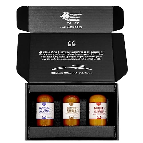 Lillie's Q - Caja de regalo favorita de barbacoa sin azúcar, Carolina (20 oz), ahumada (21 oz), y juego de salsa de barbacoa dorada (20 onzas),