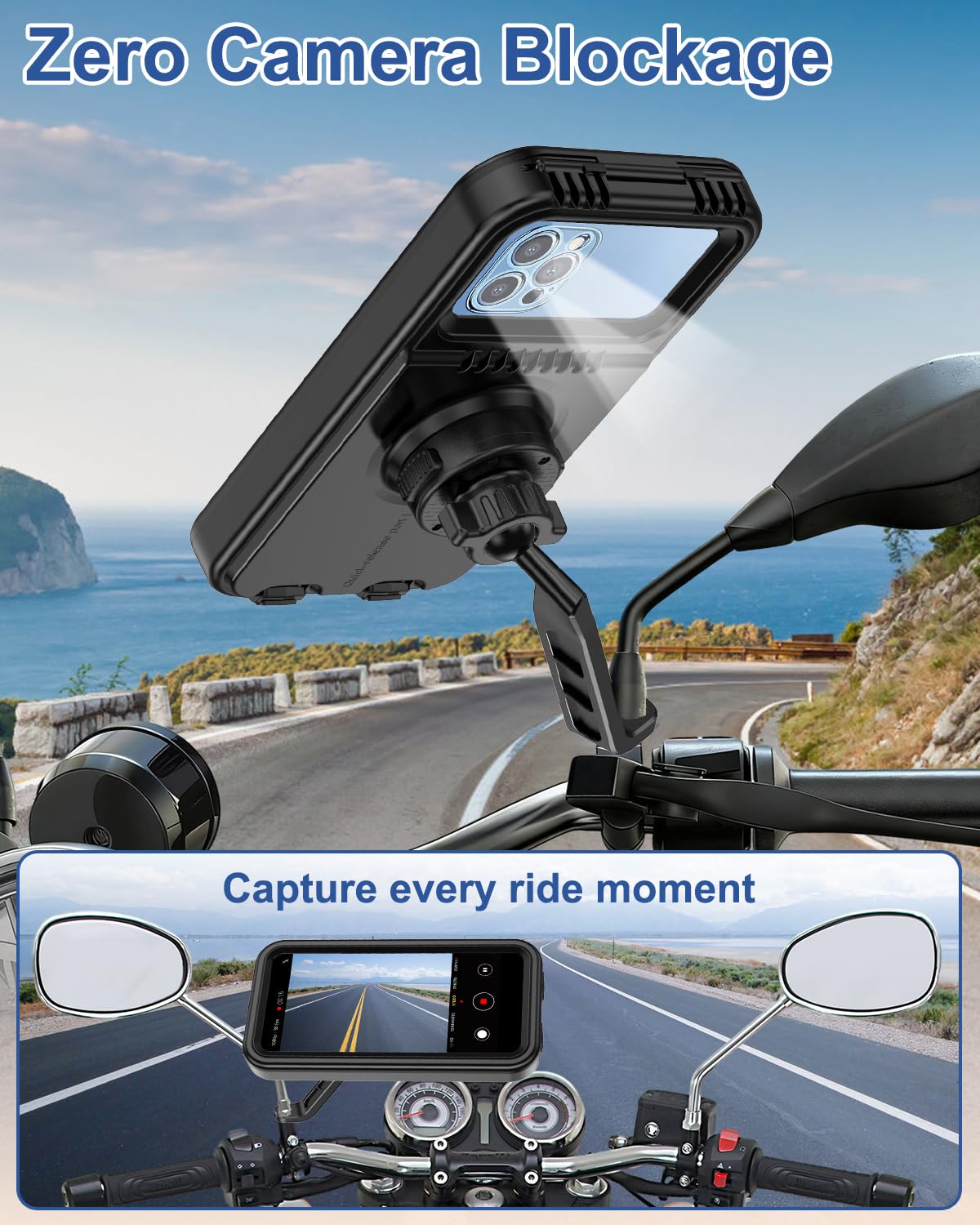 Porta Telefono Moto Impermeabile [1S Sgancio Rapido] Supporto Telefono Moto Specchietto Porta Cellulare Scooter con Touch Screen Rotazione di 360 per Smartphone da 4.7-6,9" Pollici