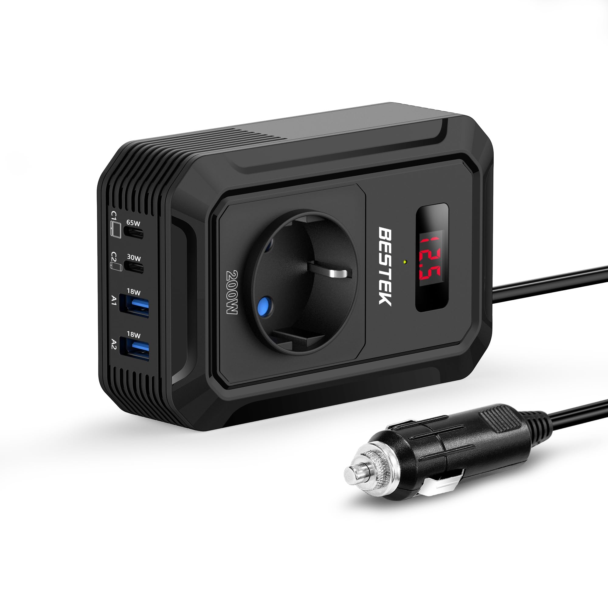 BESTEK Falownik 200 W DC 12 V na AC 230 V z 4 USB, czarny