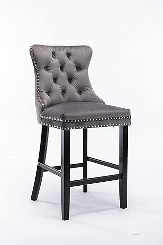 Miniatura 4 de LZ LEISURE ZONE Juego de 2 taburetes de bar de altura de mostrador, sillas de comedor tapizadas de terciopelo con ribete de cabeza de clavo, patas