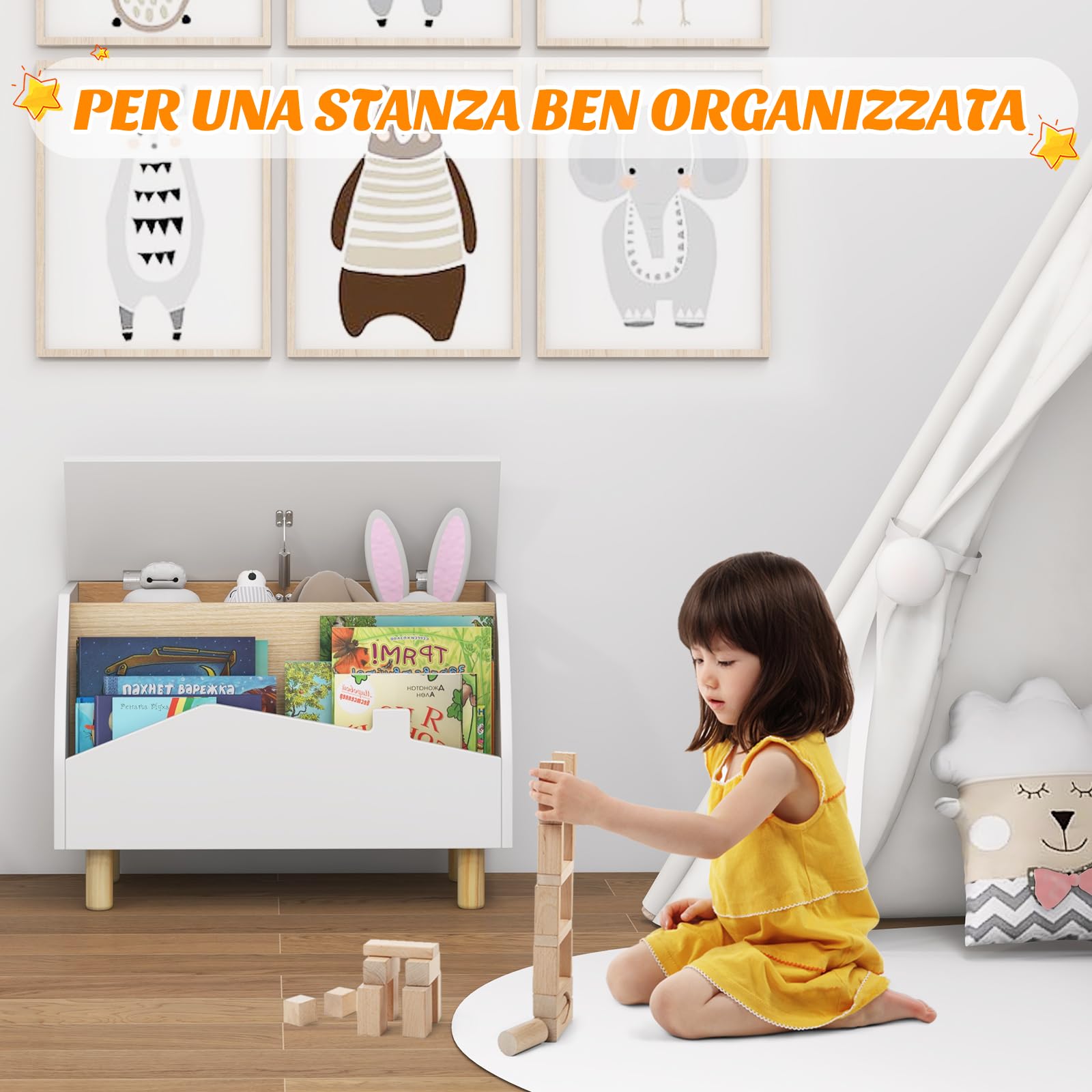 COSTWAY Libreria Montessoriana 2-in-1 in Legno per Bambini 60x30x44 cm Bianco