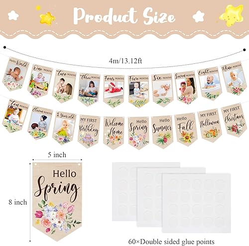 Miniatura 2 de Outus Cartel de fotos de bebé de primer cumpleaños para niños y niñas, desde recién nacidos hasta 12 meses, fotografía mensual de hito, banderines,