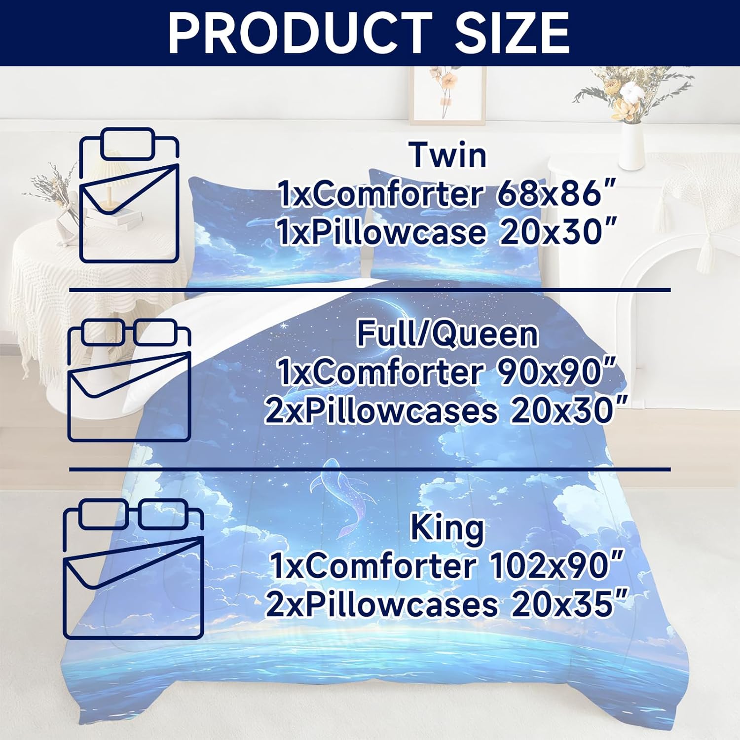 Whale Bedding Set Full/Queen Comforter Set Cute Whale Starry Sky Quilt for Boys Girls Teen Bedroom Decor Ocean Galaxy Bed Sets 1 Comforter+ 2 Pillowcases