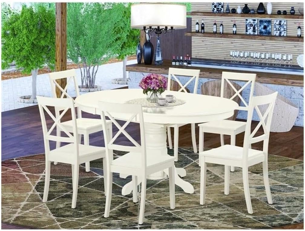 HomeStock 7 Pc Dining Set with a Kitchen Table and 6 Wood Seat Kitchen Chairs in Linen White, Modern Kitchen Table Set, Dining Table Set for Dining Rooms