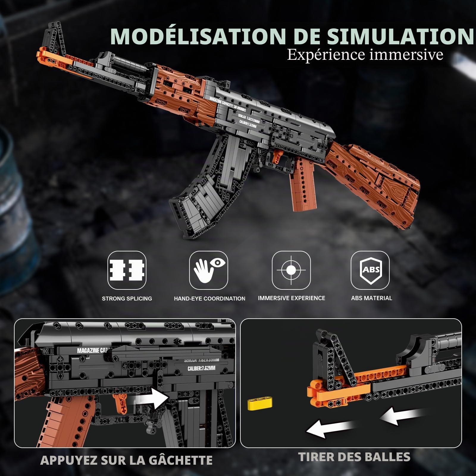 Reobrix Maquette AK-47 pour Adultes, Modèle de Fusil d’Assaut en Briques1:1