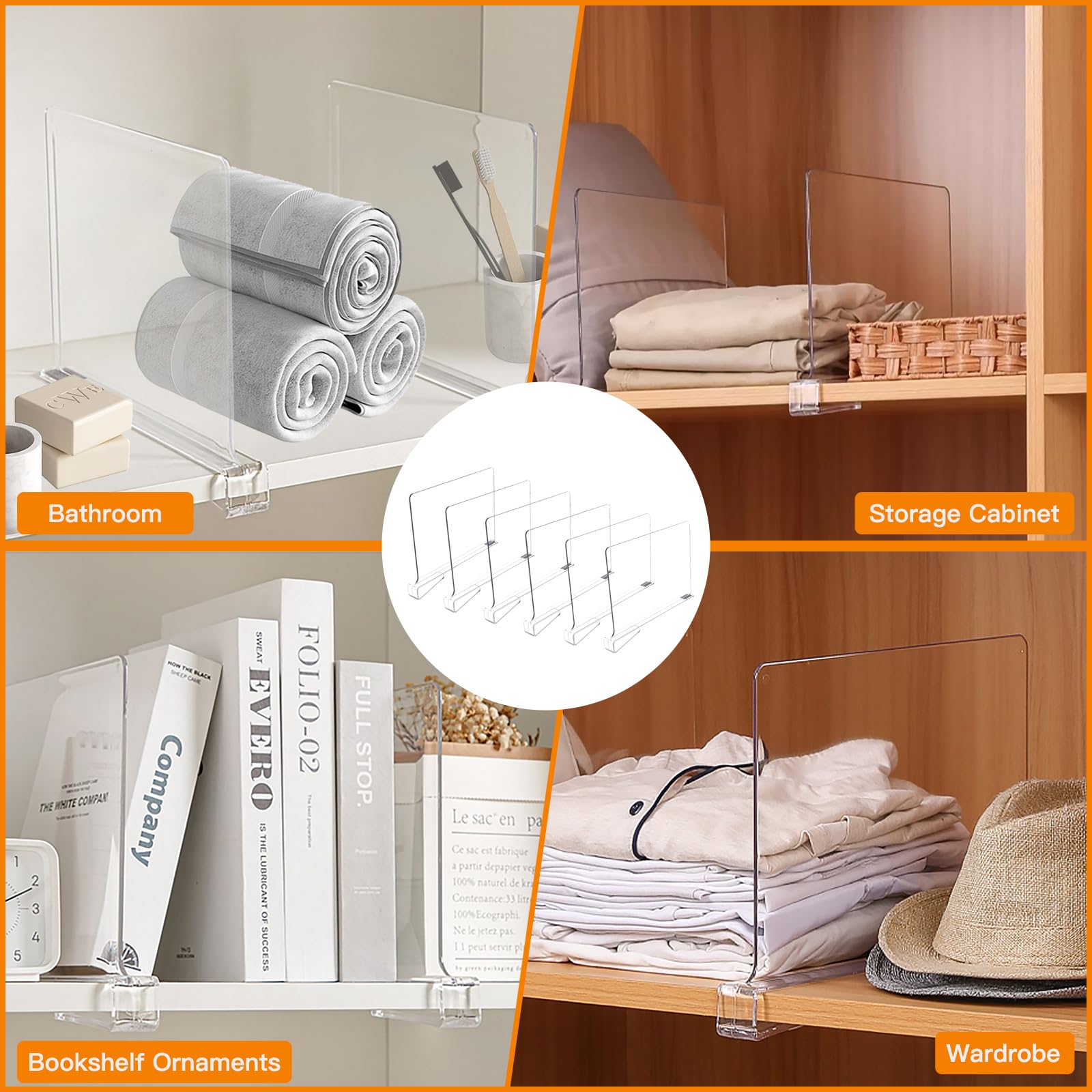 6 Pcs Separadores Acrílico Transparente, Estantería Organizador Armario Interior, Separador Almacenamiento Vertical, Estantes Organización Ropa para Dormitorio, Cocina, Librerías, Oficinas, Cajones