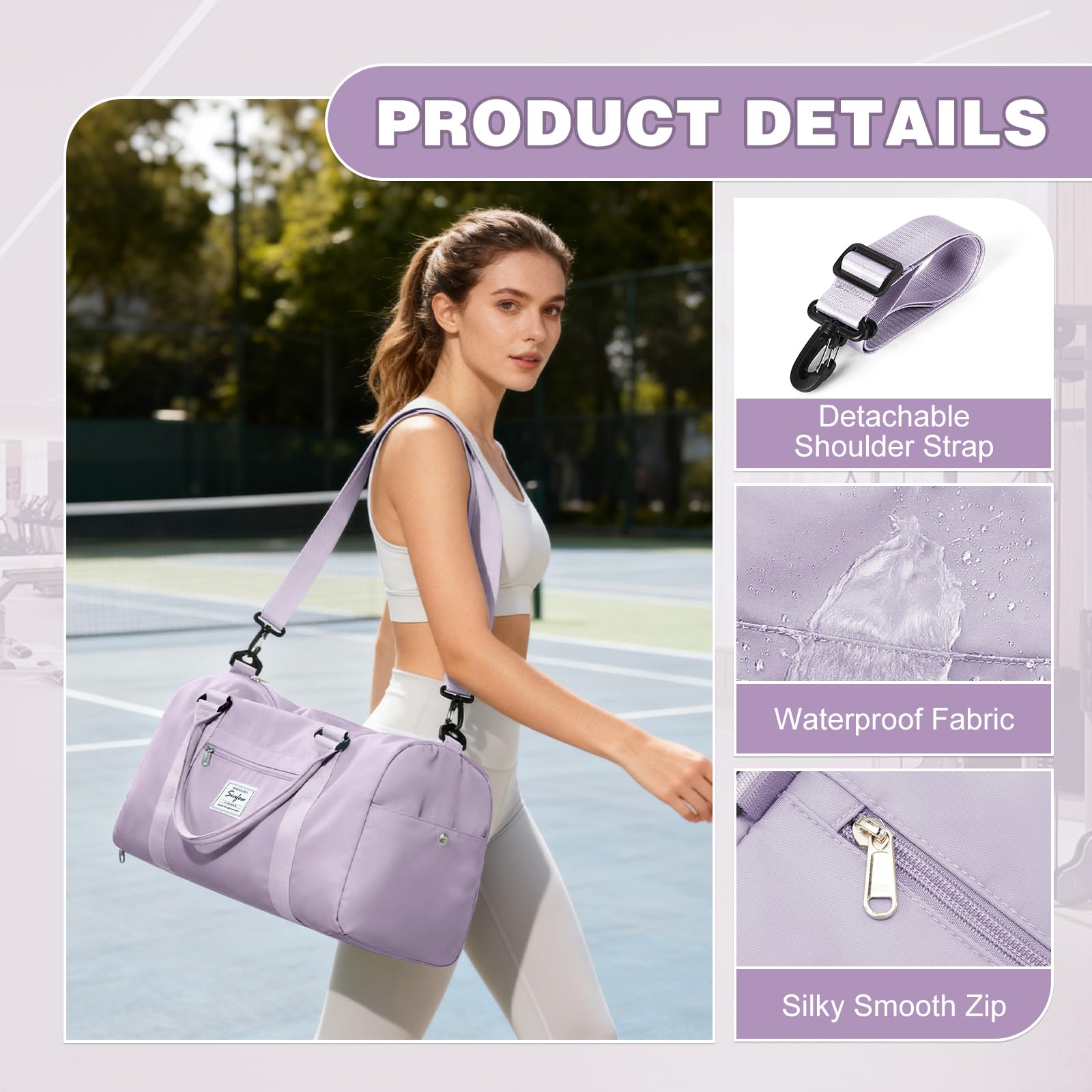 Sac de Sport Femme Homme Léger avec Compartiment Chaussures Poche Humide Duffle Bag Violet A11