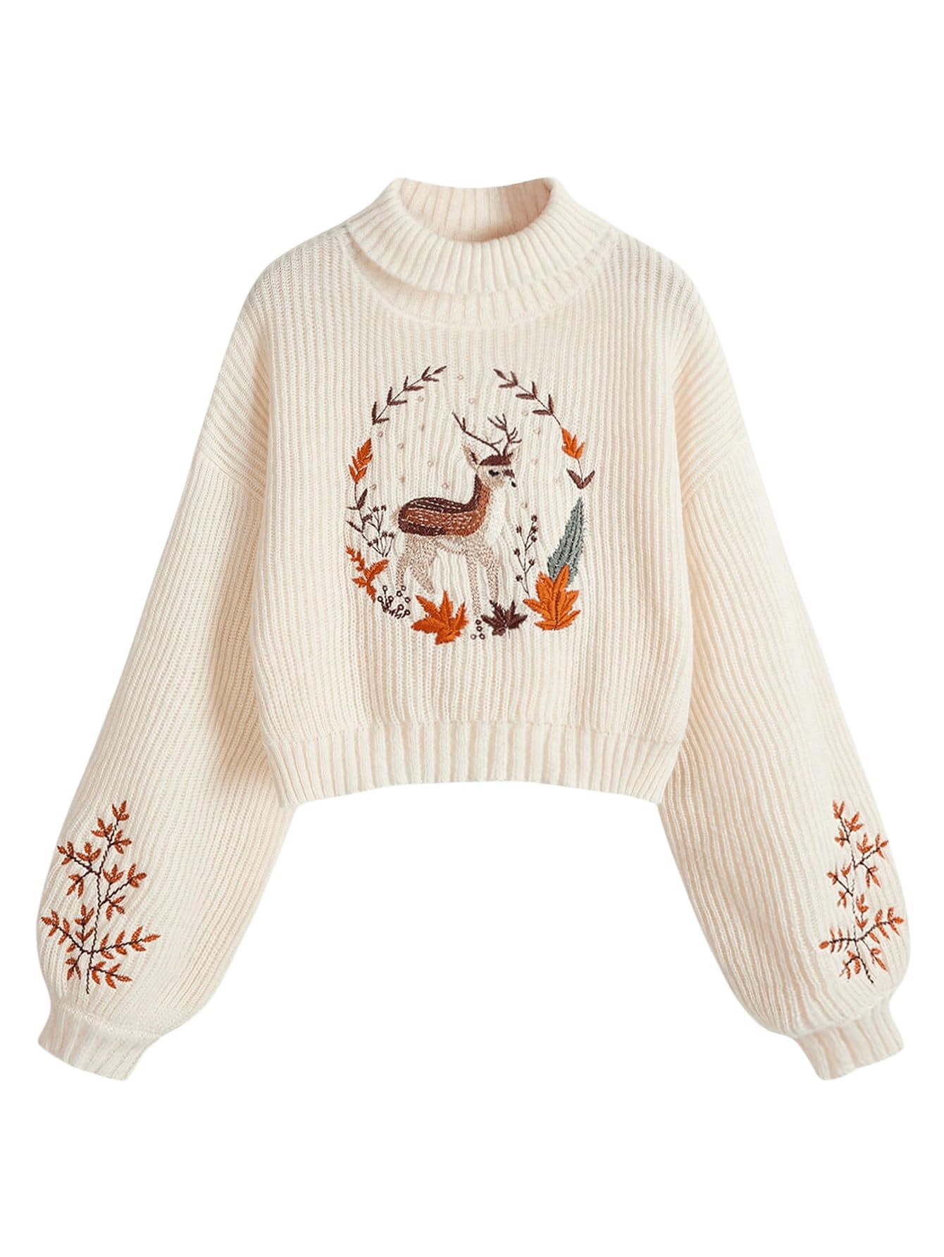 SHENHE Womens Mock Turtleneck Lantern Sleeve Embroidered Loose Fit Cropped Sweater Pullover