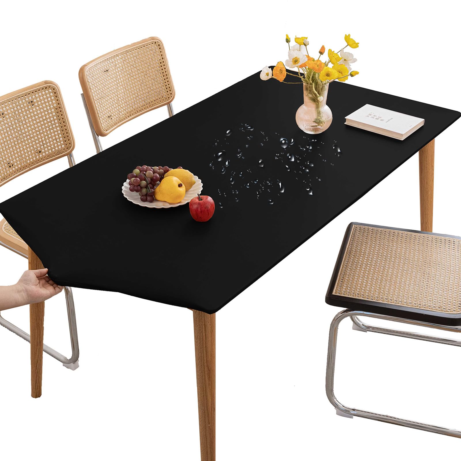 Thdsubb Tablecloth Leather Waterproof Tablecover Elastic Edged Fitted Table Protector Cover Wipeable for Home Picnic Party (Black,70x120cm)