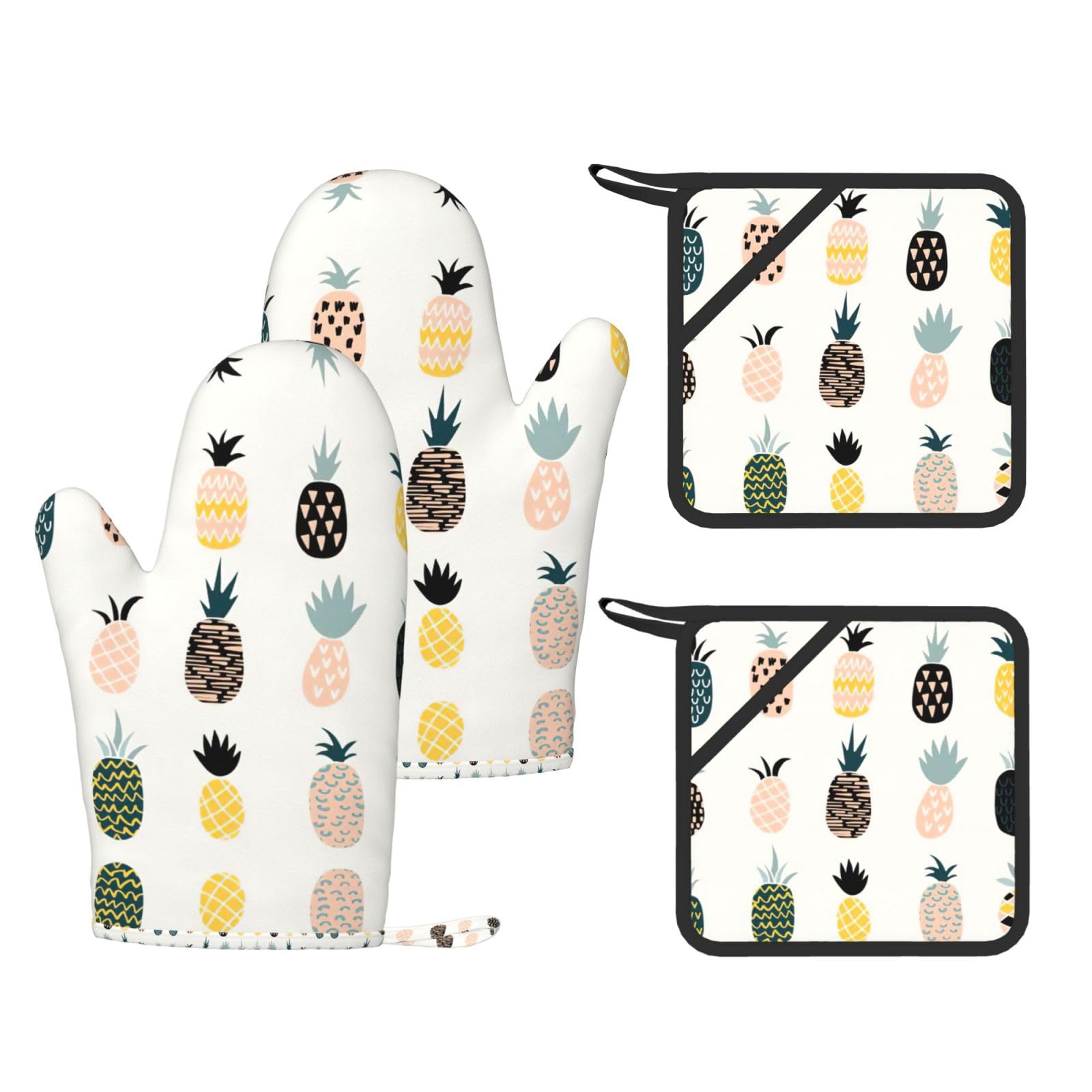 Pineapple Trendy Printed Kitchen Set with Heat Resistant Gloves & Non-Slip Hot Pads for Baking & Grilling