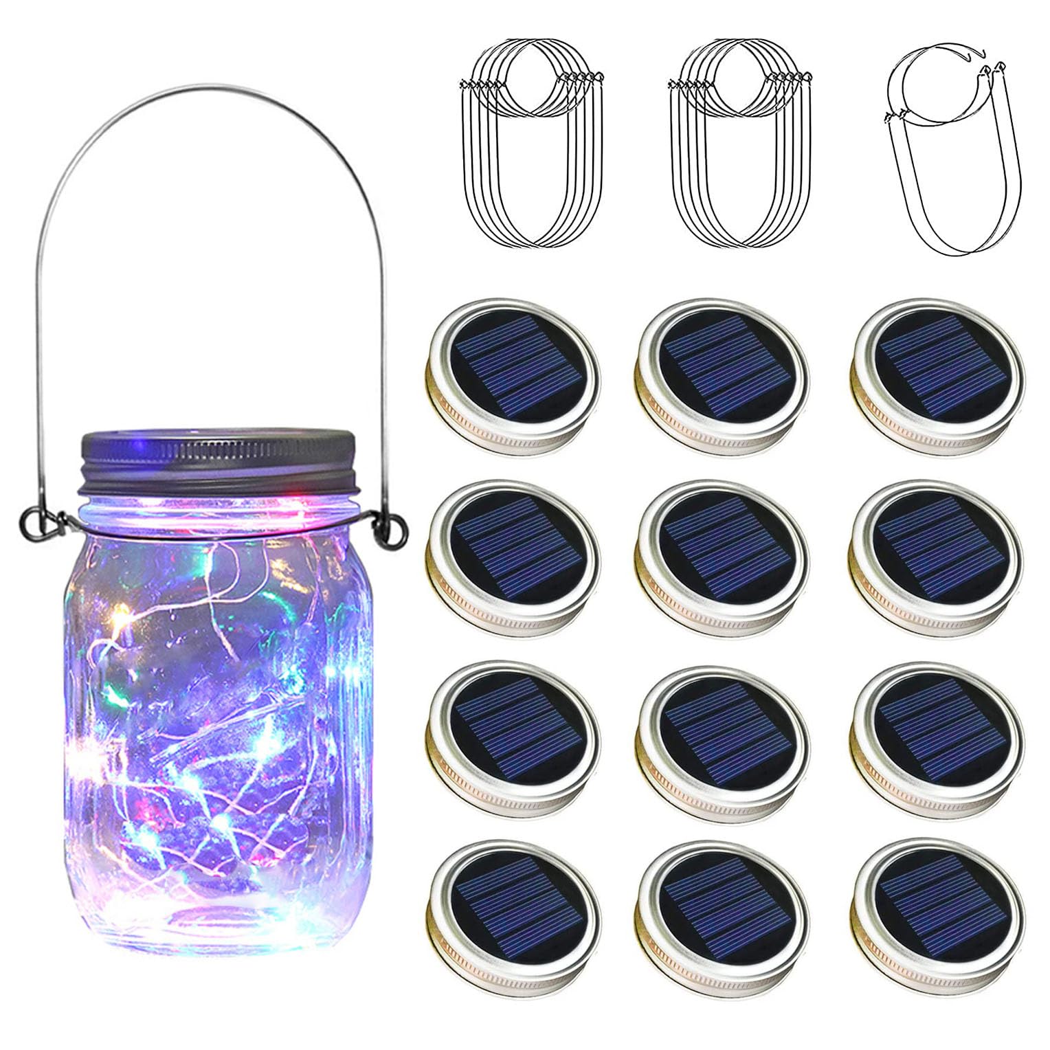 TecHong 12 x Solar Mason Jar Light Lids - 30 LED Hanging Fairy Firefly String Light Lantern Cap, Outdoor Waterproof Patio Porch Garden Yard Balcony Lawn Wall Lighting Decor(No Jar Included)