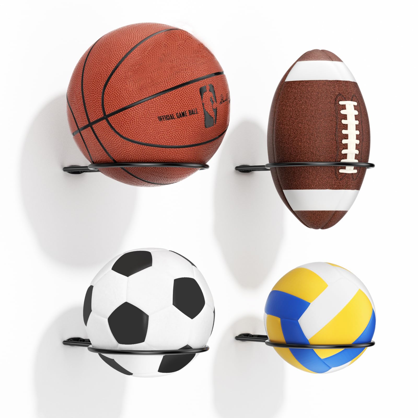 jockcaras Basketball Holder Wall Mount: 4 pcs Ball Wall Storage Rack for Display, Ball Wall Mount for Basketball, Soccer Ball, Volleyball, Football, Rugby, Ball Holder as Sports Room Decor