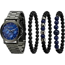 TIME100 Men's Skull Watch Set Premium Quartz Watch and Bracelet Set with Stackable Beaded Bracelets, 3ATM Water Resistant Watch Gift Sets for Men Business and Casual Wear