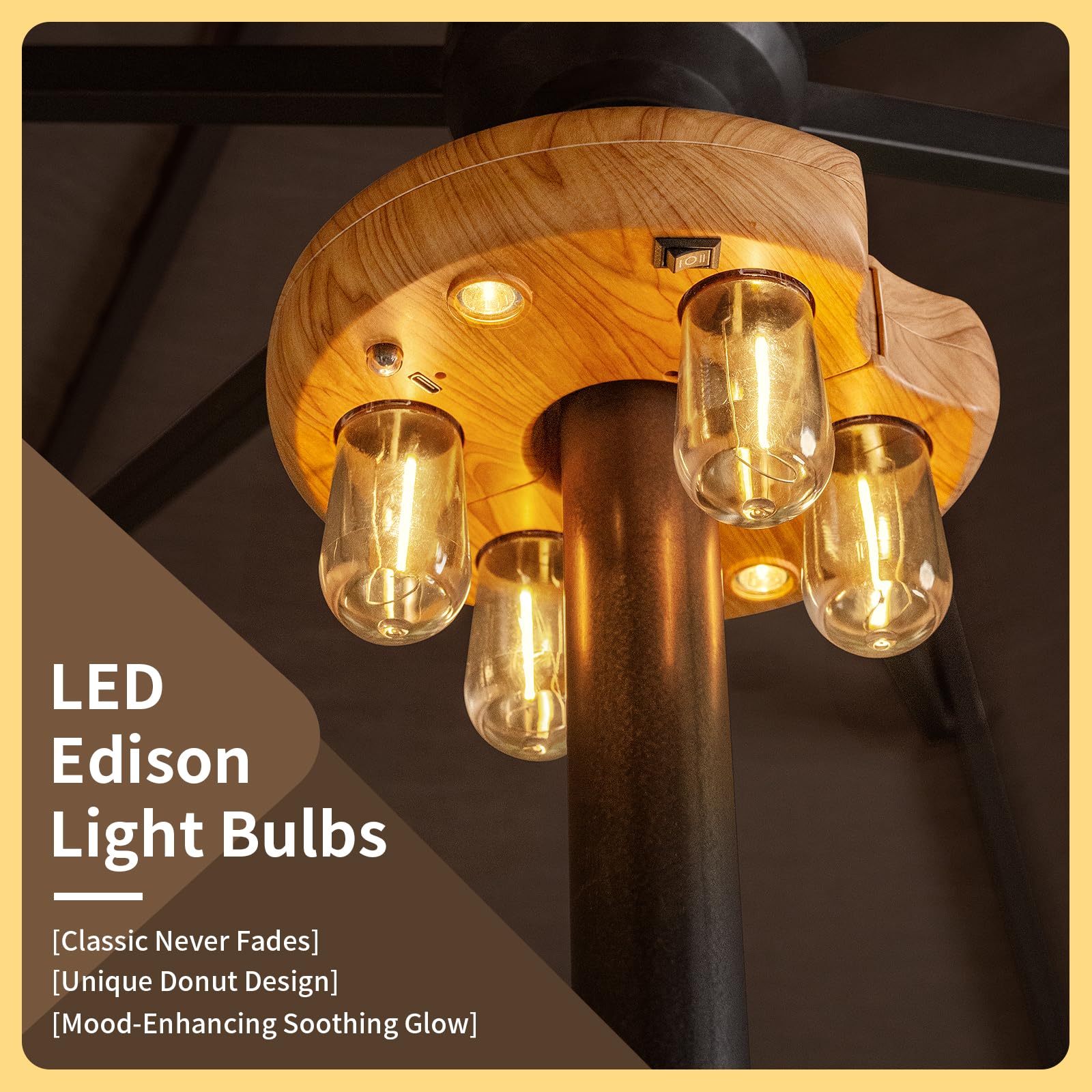 Luce per palo di ombrellone da giardino con effetto legno con telecomando, lampadine LED Edison ricaricabili senza fili con 10 livelli di luminosità per giardino, patio, cortile, campeggio o