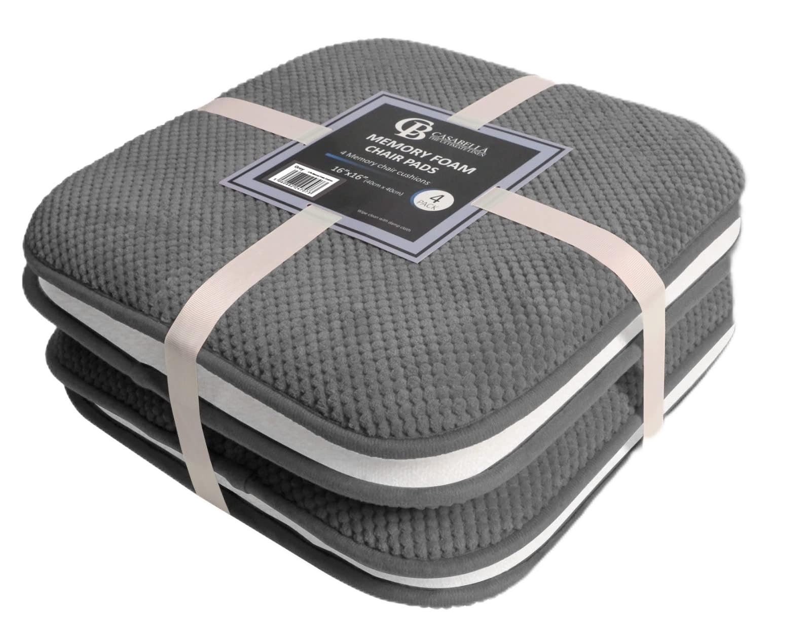 Casabella Memory Foam Chair Cushion Non Slip Back, Round Square Honeycomb Pattern Set of 4 Chair Pads, Durable Seat Cushions for Dinning Chairs, Office Desk & Patio-16x16 Grey Memory Foam Seat Cushion