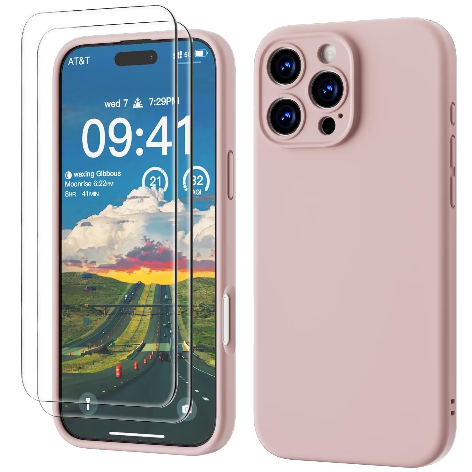 GOODVISH 3 in 1 Silicone Cover per iPhone 16 Pro 6.3", Custodia con 2 Pellicola Vetro Temperato [Protezione Fotocamera] 360° Protezione Anticaduta Case per Cellulare Antiurto Resistente, Rosa Sabbia
