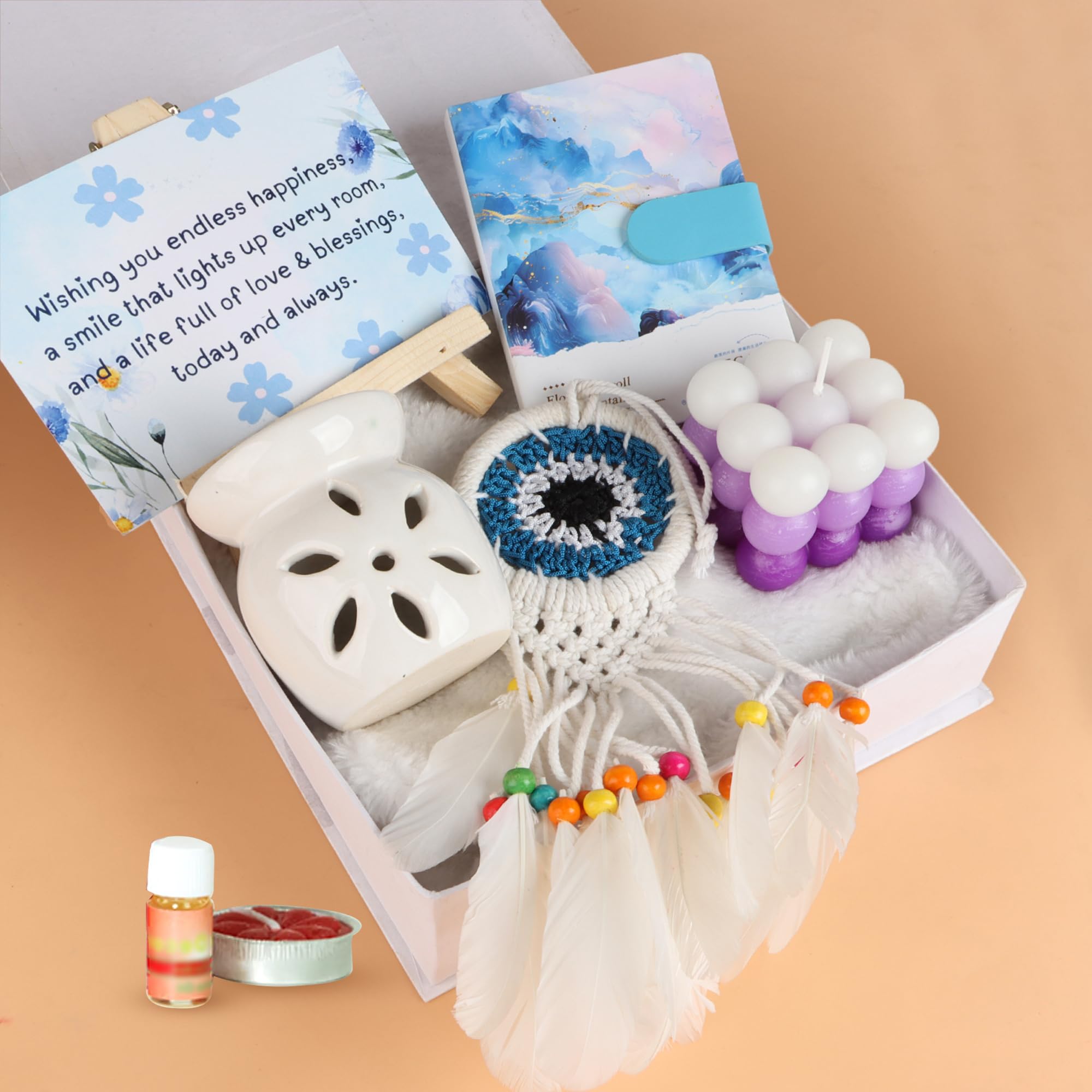 The Loony Box Gift Hamper for Women & Girls | Dreamcatcher, Chic Diary, Bubble Candle, Aroma Oil Burner Set & Card with Easel Stand - Gift Hamper for Lovers, Birthaday, Valentine, Friendship-image-5