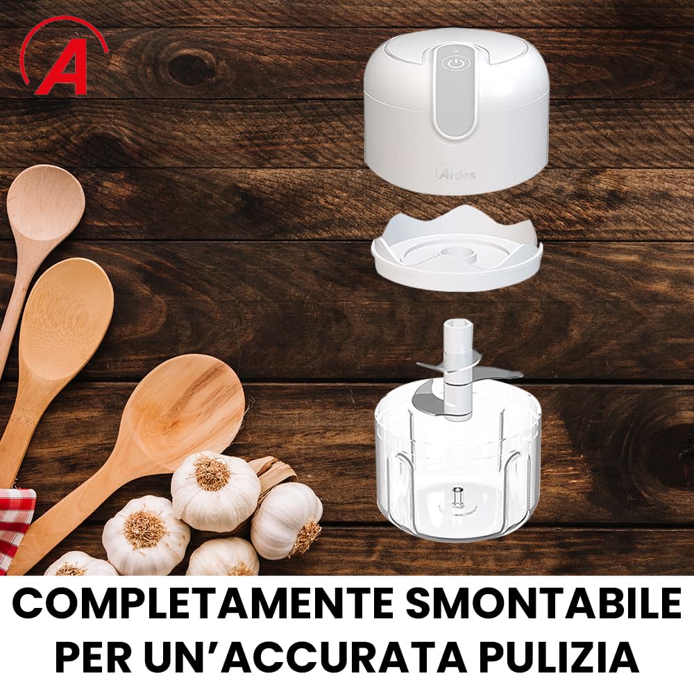 ARDES - ARCHOP02 Tritatutto da Cucina Elettrico Ricaricabile Senza Fili - Tritatutto Elettrico 3 Lame in Acciaio INOX - Mixer Cucina 250 ml - Trita Tutto Portatile