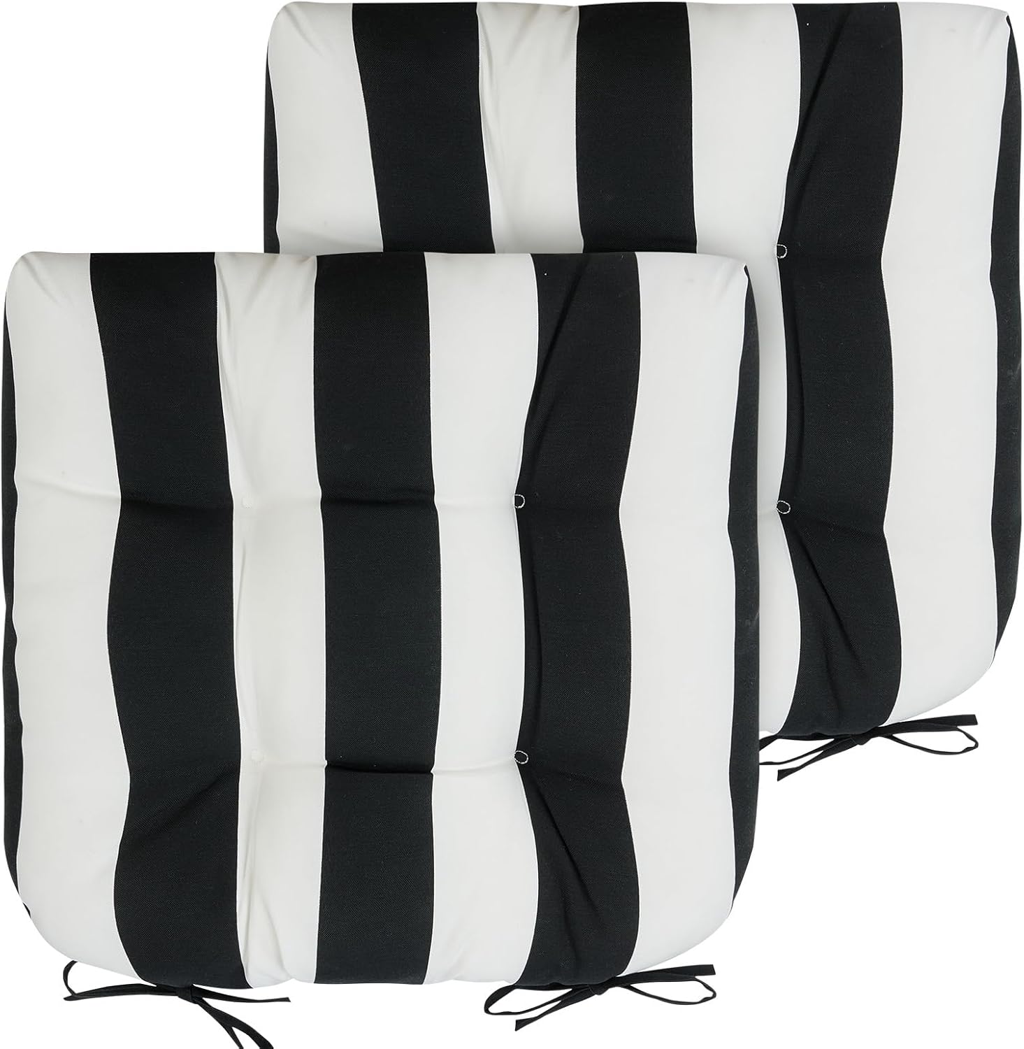 FUNHOME Set of 2 Outdoor Chair Cushions Waterproof Tufted Seat Cushions for Patio Furniture 19 x 19 x 5 Inch Patio Cushion for Rocking, Camping, Kitchen Chairs-Black White Stripe