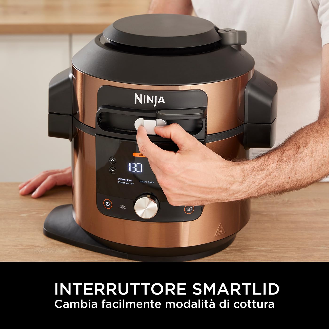 Ninja Foodi MAX Multicooker con Coperchio SmartLid, 12 Funzioni, Cottura Intelligente, 7.5L, Pentola a Pressione, Friggitrice ad Aria, Cottura a Vapore, e Cottura Lenta, Rame/Nero, OL650EUCP