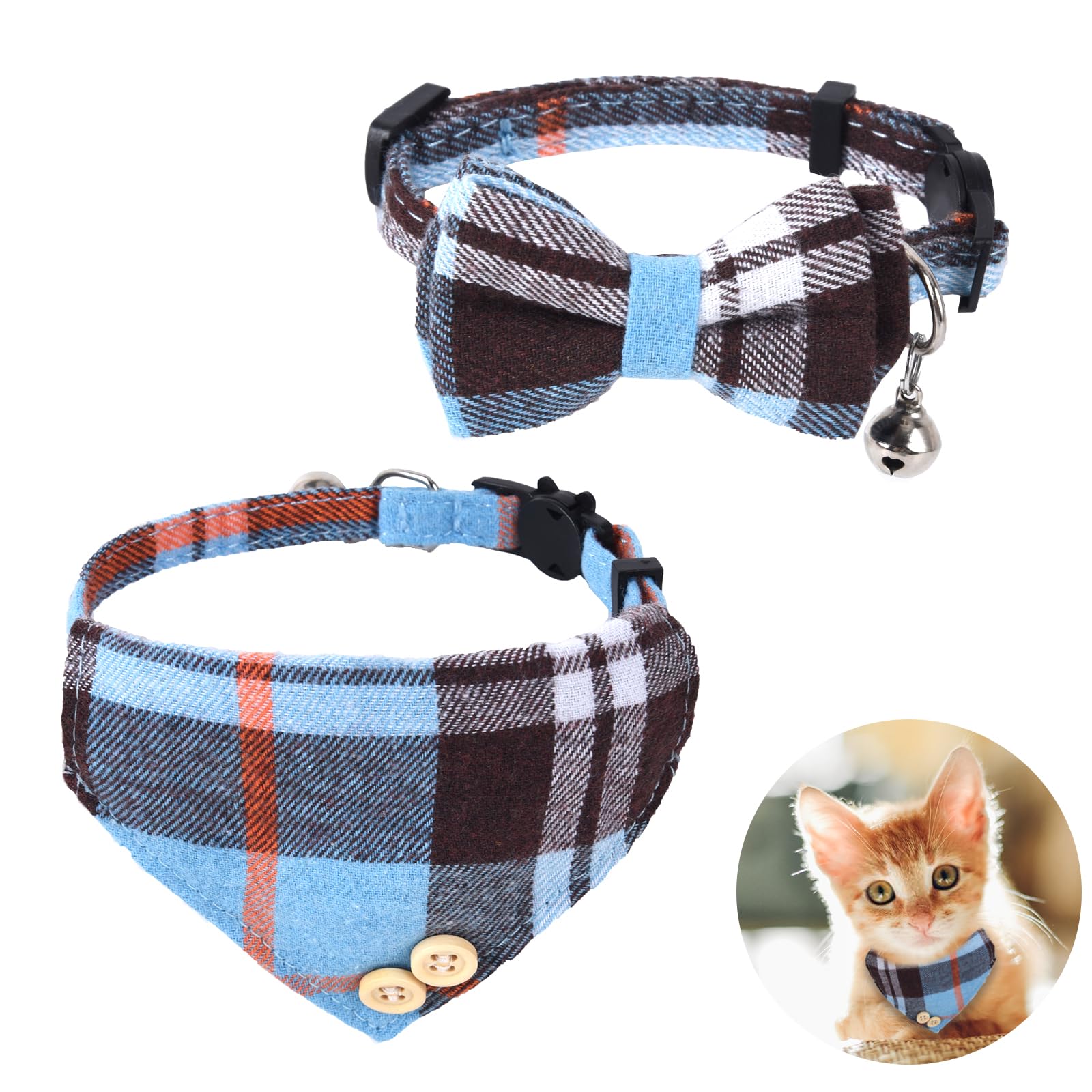Mini Cat Bandana, Cat Tie Collar, Cats Bandana Collar with Bells and Bowtie, Kitten Bow Tie with Safety Buckle Adjustable Size for Small Cats Boys or