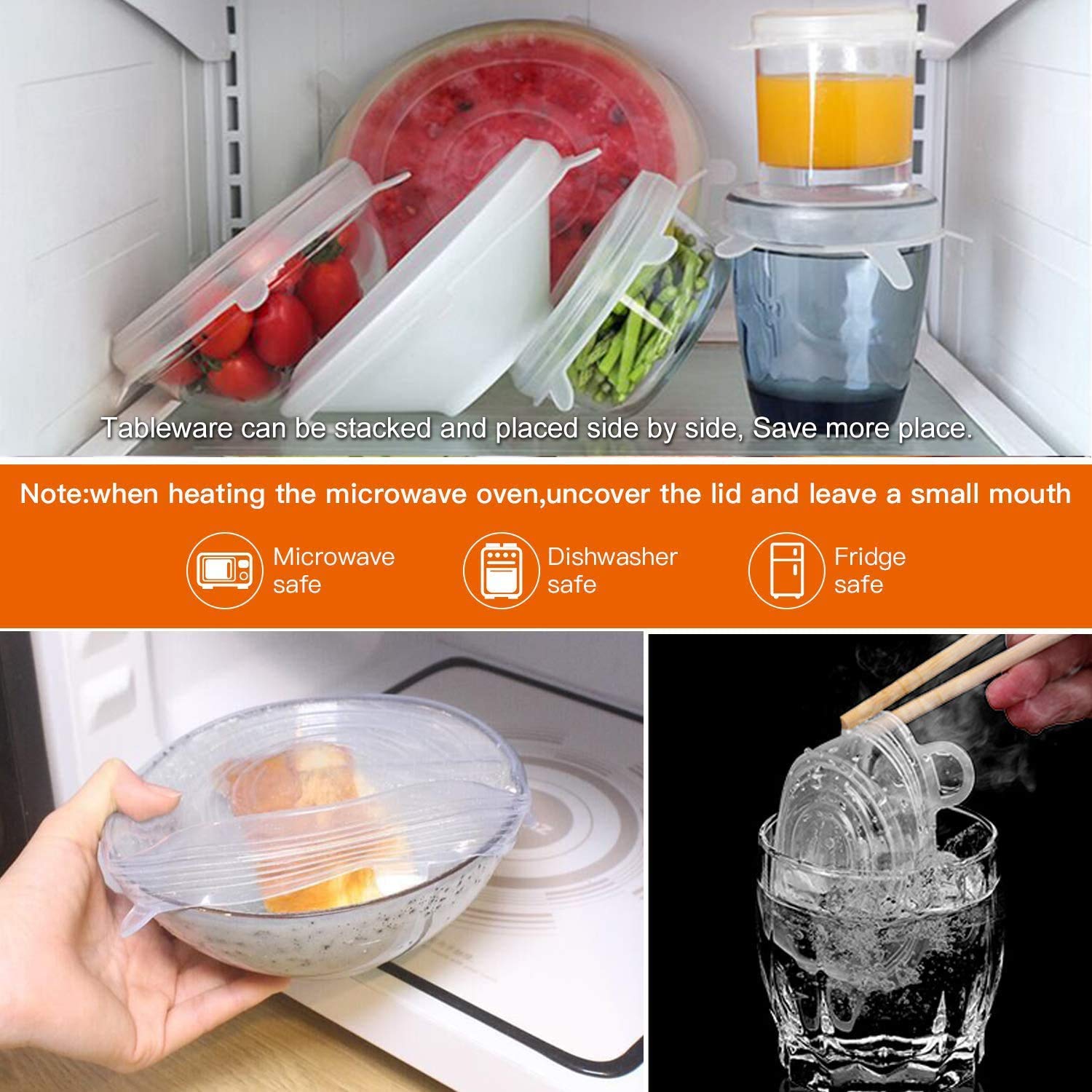Microwave Safe Silicone Stretch Lids, Reusable Flexible Covers for Bowls, Plates, Cans, Jars, and Mugs - Set of 6 Multicolor 4