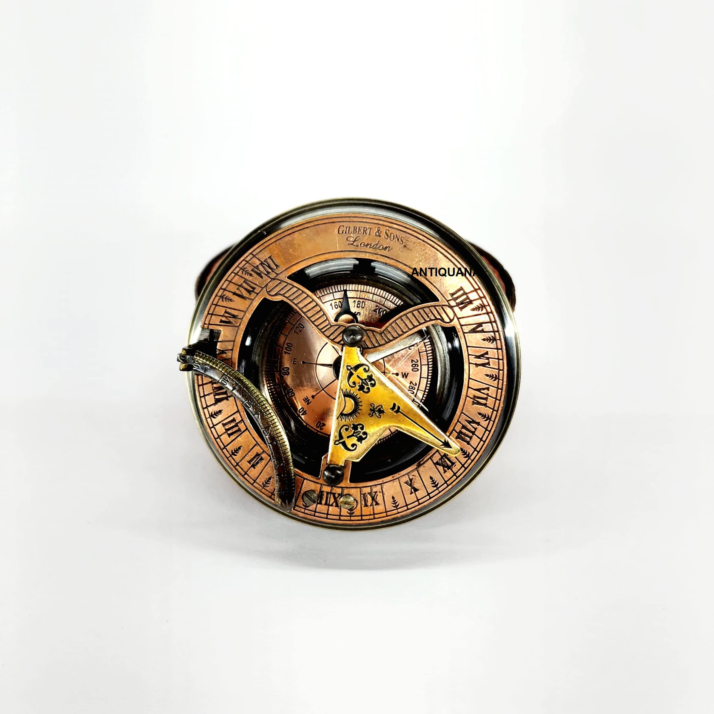 Reloj de sol de latón antiguo con brújula marina de regalo en caja de regalo náutico marino reloj de sol réplica de barco pirata