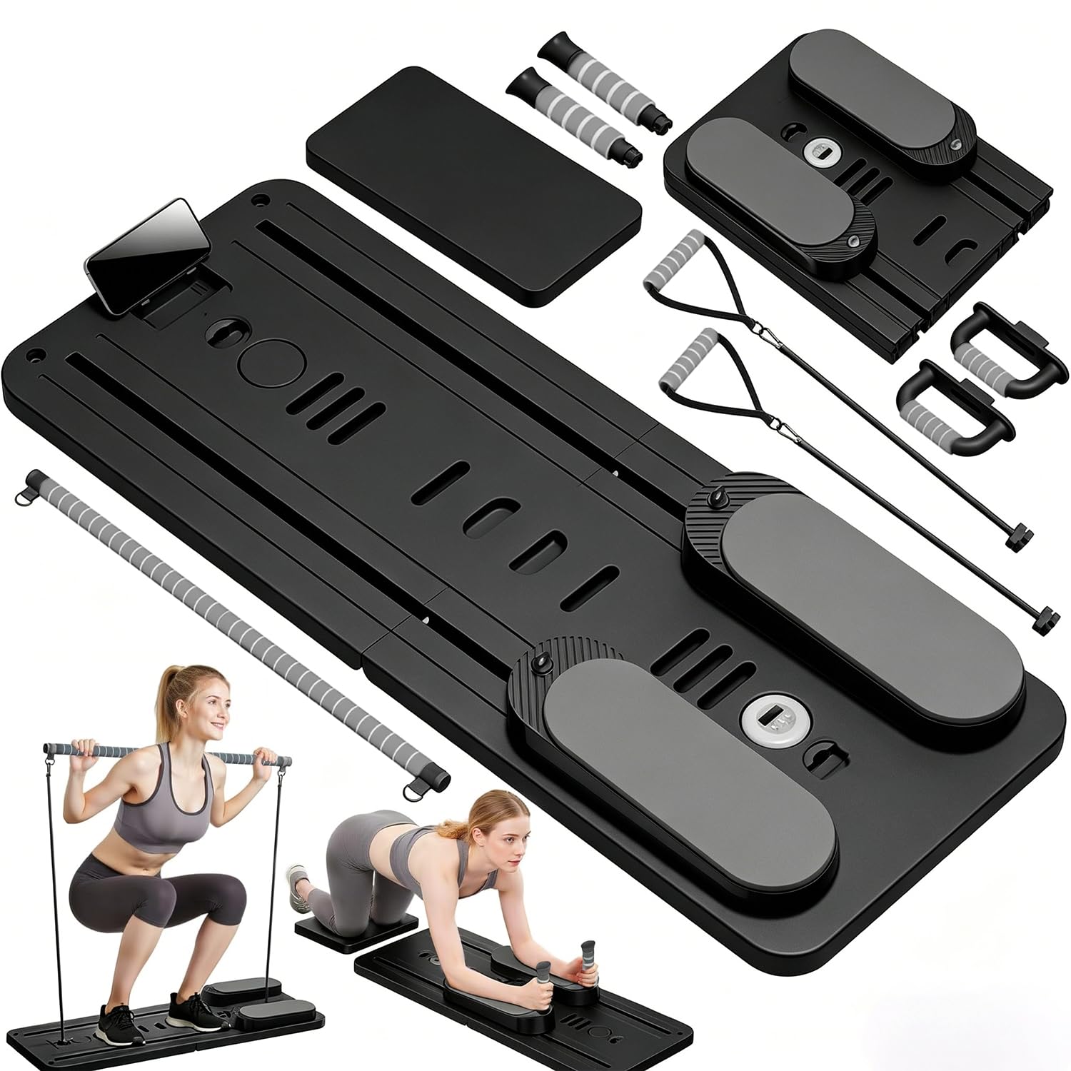 SPYLAVE Pilates Board Upgraded, 6-in-1 Faltbare Pilates Reformer Maschine für Training zu Hause, Multifunktionales Ganzkörper-Trainingsgerät mit Verlängerte Ellbogenschützer und Pilates-Bar
