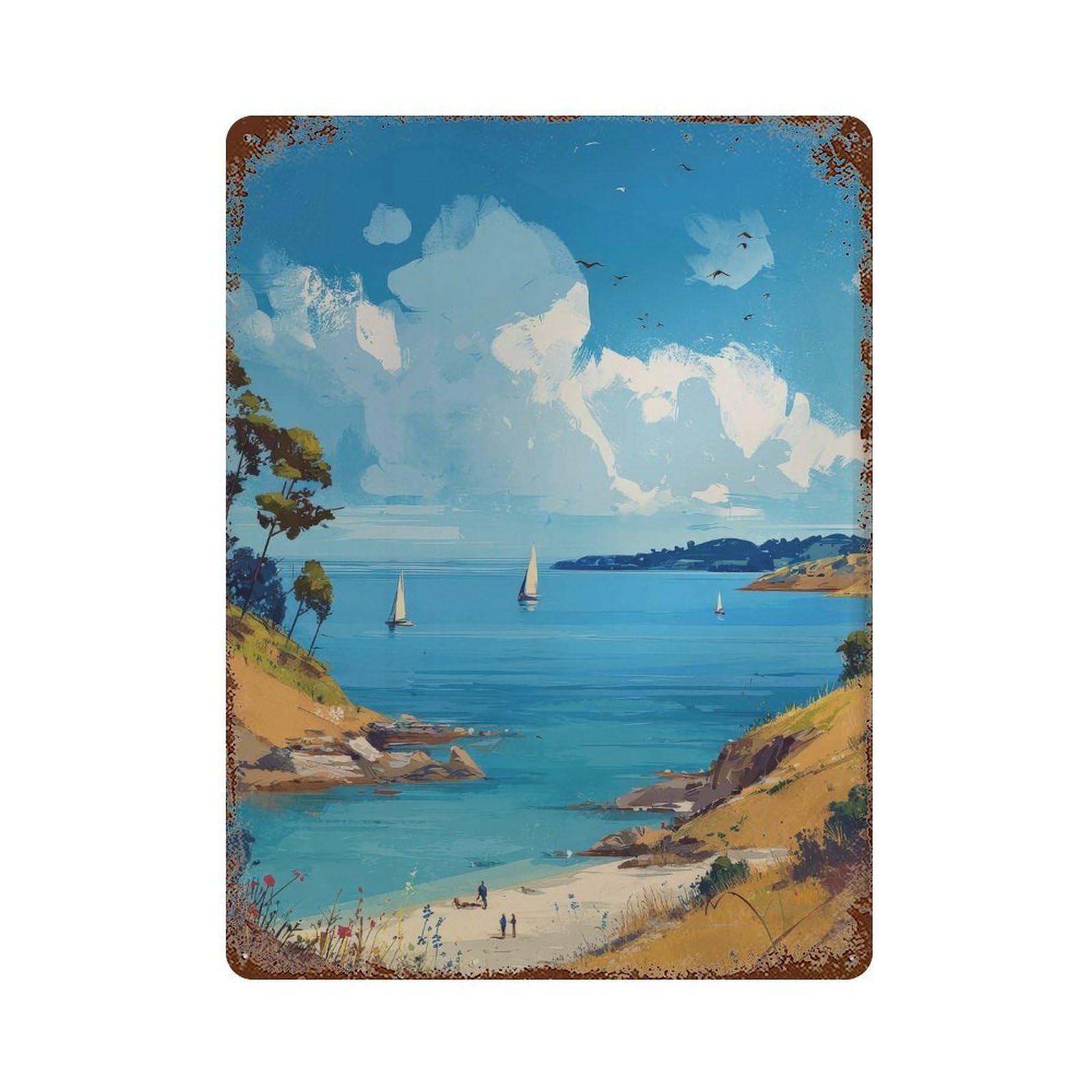 xiaoxiaoshen Seaside Landscape. Coastal Impressionist Wall Decor Art Metal Tin Poster Modern Home Decor Art Home Bar Shop Decorations Vintage Sign 40x30cm