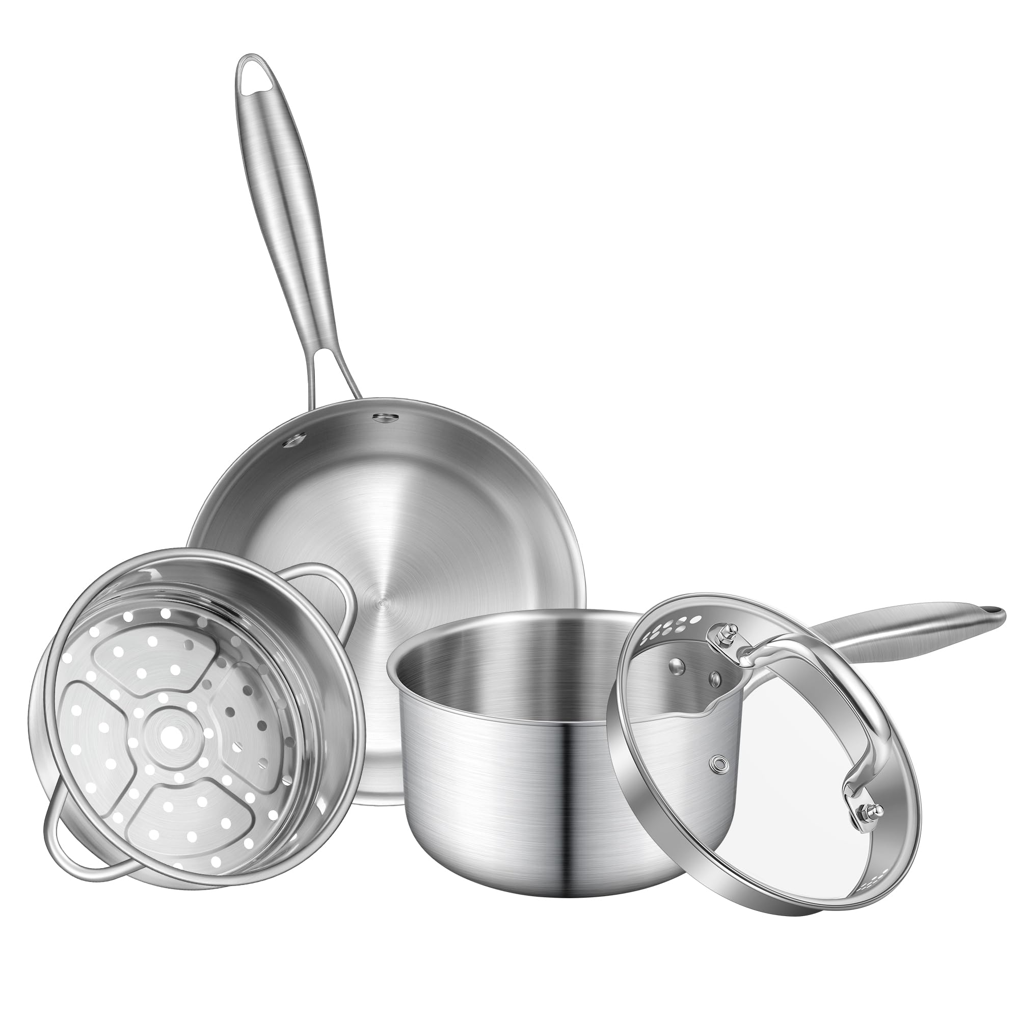 Pots and Pans Set- Tri-ply Full Body Stainless Steel Cookware Set, 1.5QT Saucepan with Steamer Basket & 7 Inch Frying Pan Skillet, Pots and Pans for Boiling Gravies, Pasta, Noodles, Omelet