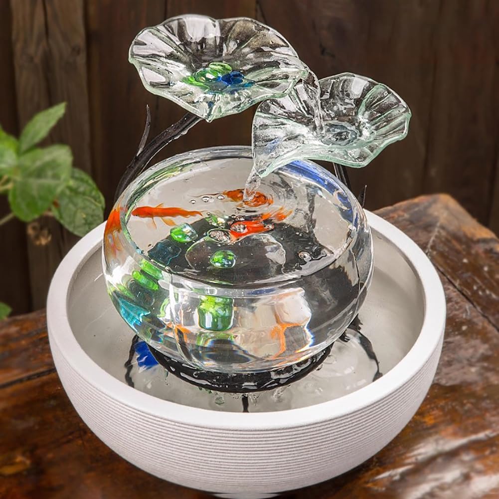 Lotusförmiges Springbrunnen-Aquarium Aus Glas, Kleines Tisch-Aquarium, Luxuriöses Aquarium-Wasserspiel Mit Keramiksockel, Zen-Inspirierte Wasserfalldekoration,C
