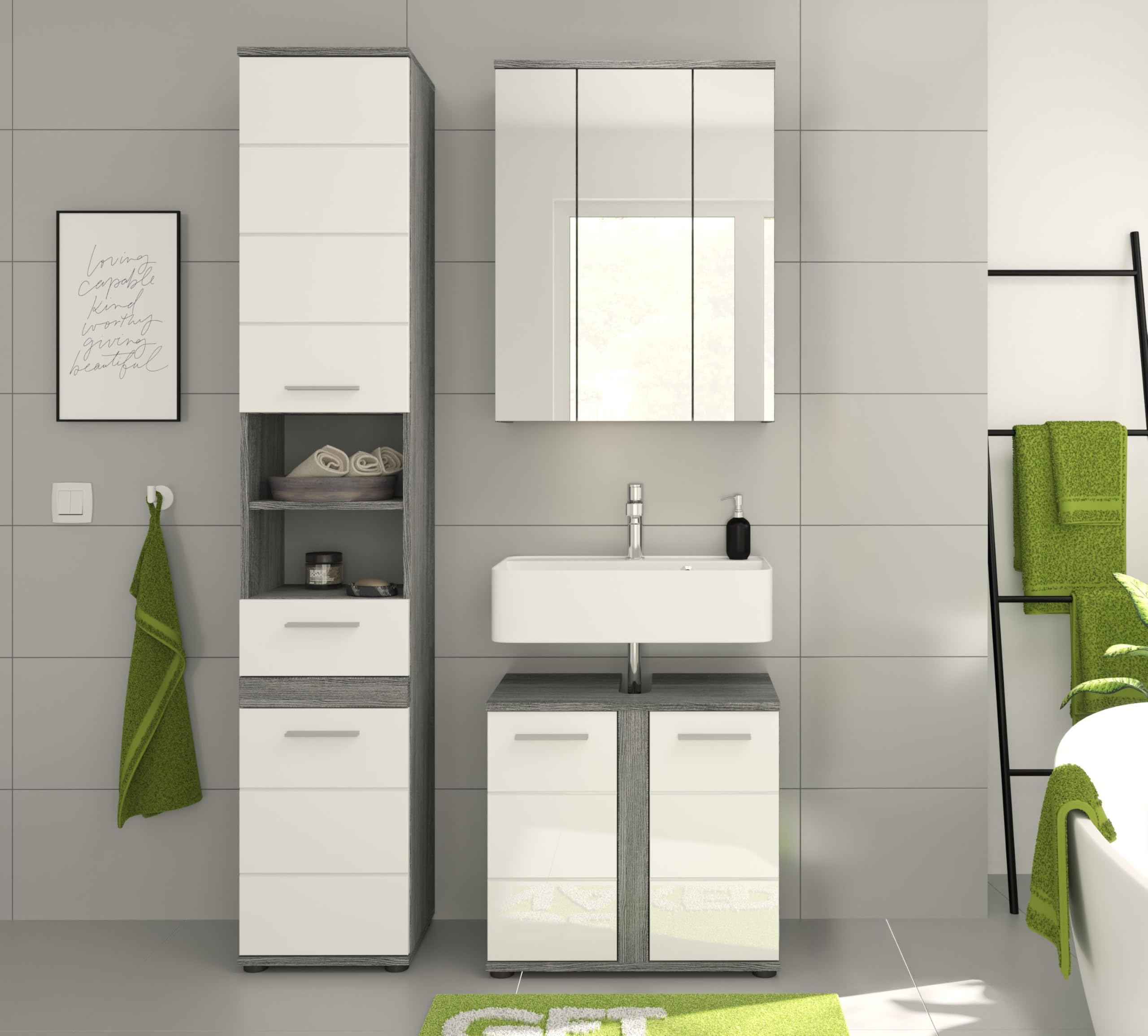 xonox.home Badezimmer Blake 3tlg. Kombination Badmöbel Set Set für kleine Bäder Komplettprogramm Badezimmer Bademöbel-Set in weiß Hochglanz, rauchsilber Nachbildung