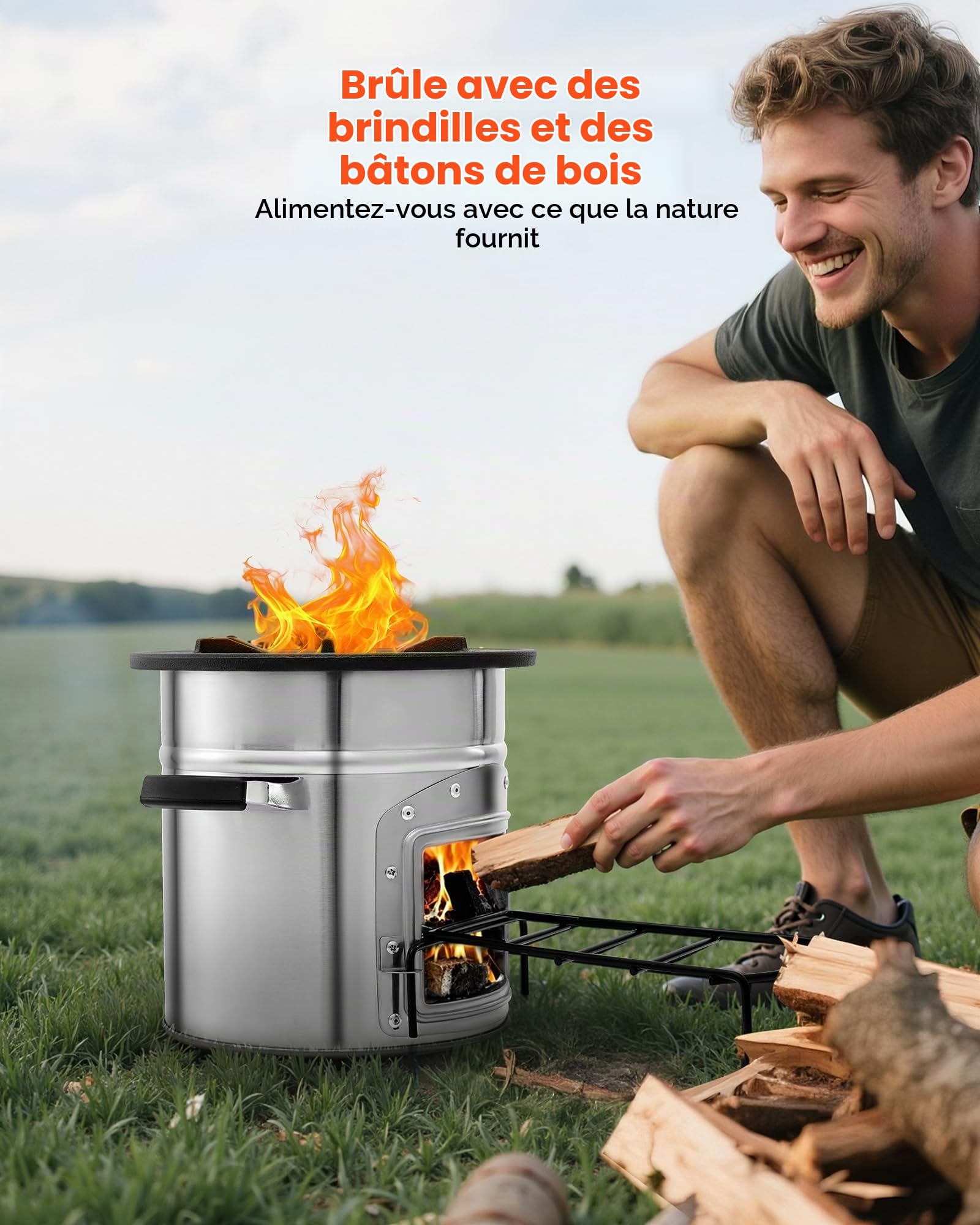 VEVOR Réchaud Camping Rocket, Poêle à Bois Portable en Acier Inoxydable, avec Sac de Transport, Porte Simple, Réchaud à Fusée pour Cuisine et Chauffe en Plein Air, Randonnée, dans Jardin, en Camping