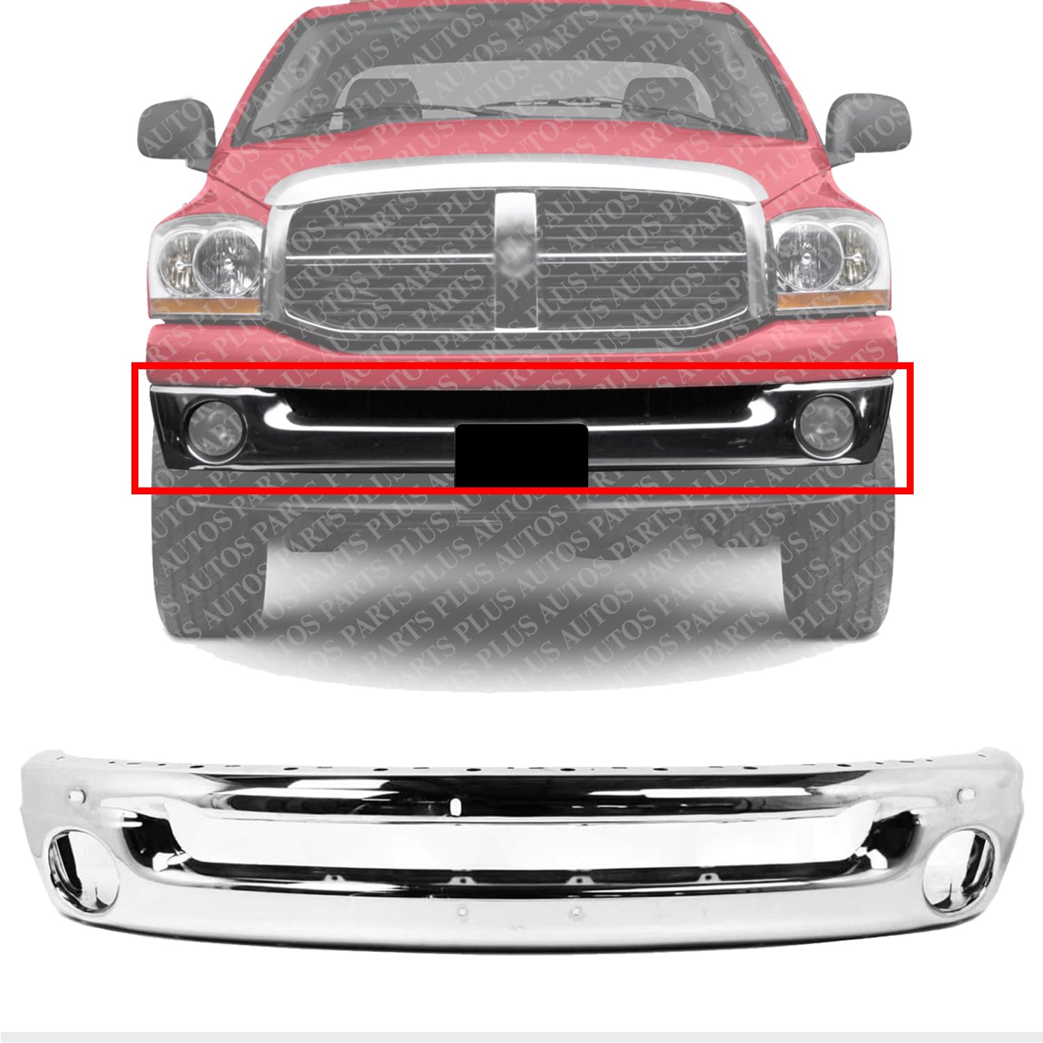 AUTOS PARTS PLUS Front Bumper Face Bar Chrome Steel Direct Replacement Compatible With 2002-2009 Dodge Ram 1500/2003-2009 2500 3500 CH1002383