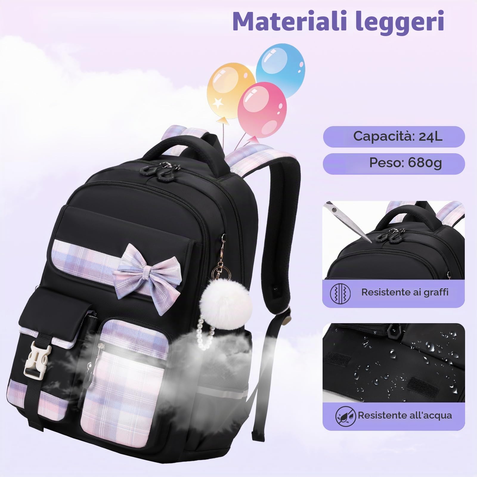 Tanou Zaino per Ragazze Zaino Bambina Scuola Elementare e Media | Impermeabile Zaini da Viaggio Borsa Casual per Adolescenti con Cinghia per Trolley, Nero