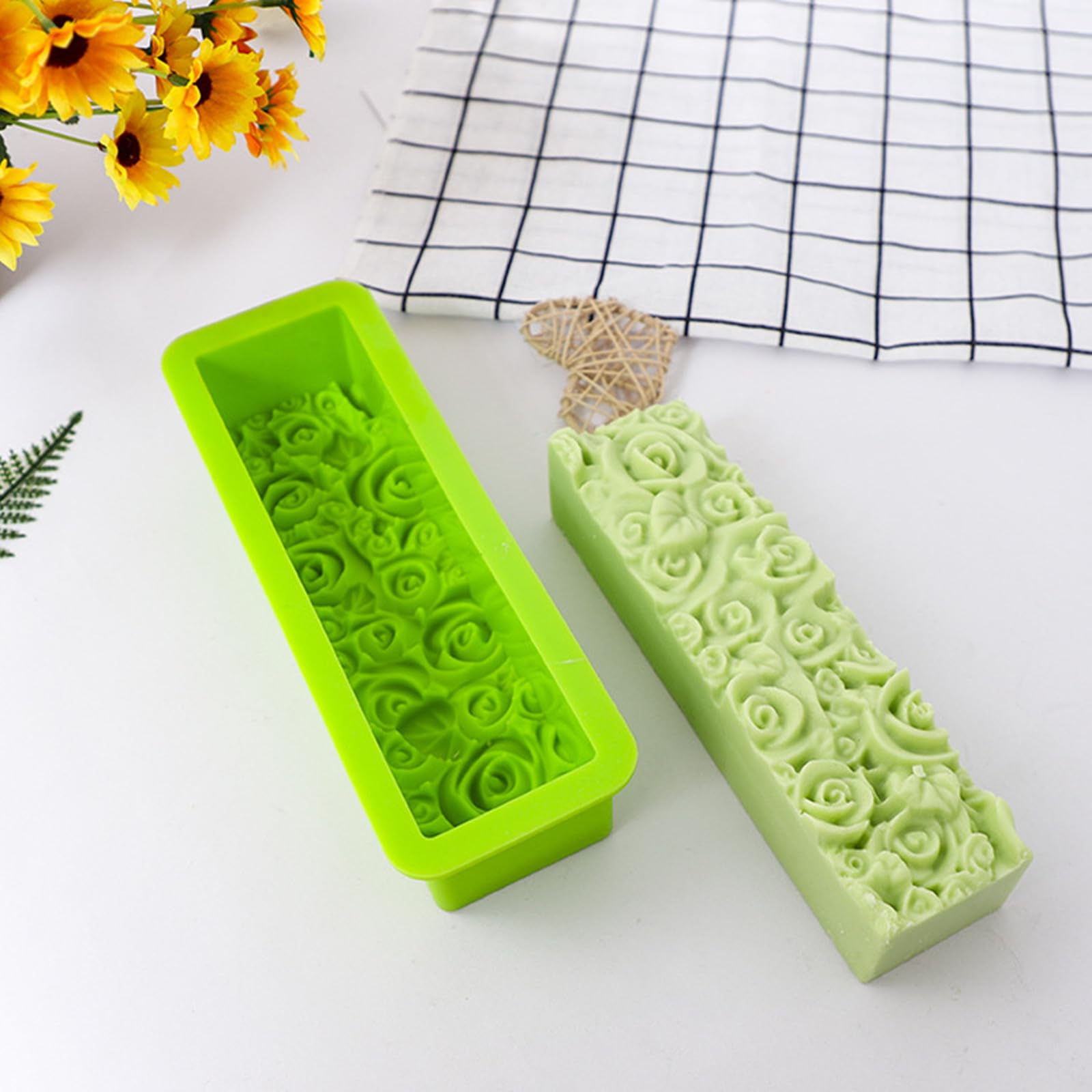 2 moldes rectangulares flexibles de silicona para jabón de rosas, flores, manualidades, jabón, velas para manualidades caseras