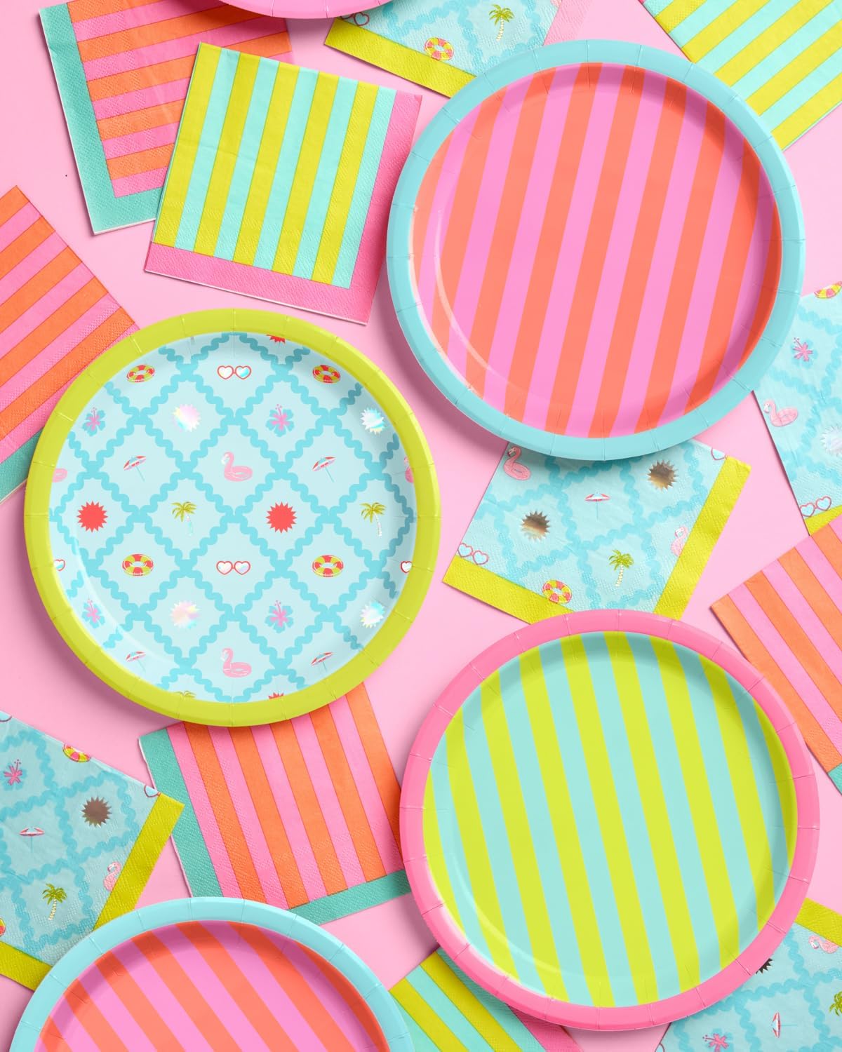 xo, Fetti Pool Party Paper Plates, 3 Designs | 24 pcs 9" | Kids Decorations, Summer Birthday Decor, Stripe Tablescape, Colorful Table Setting